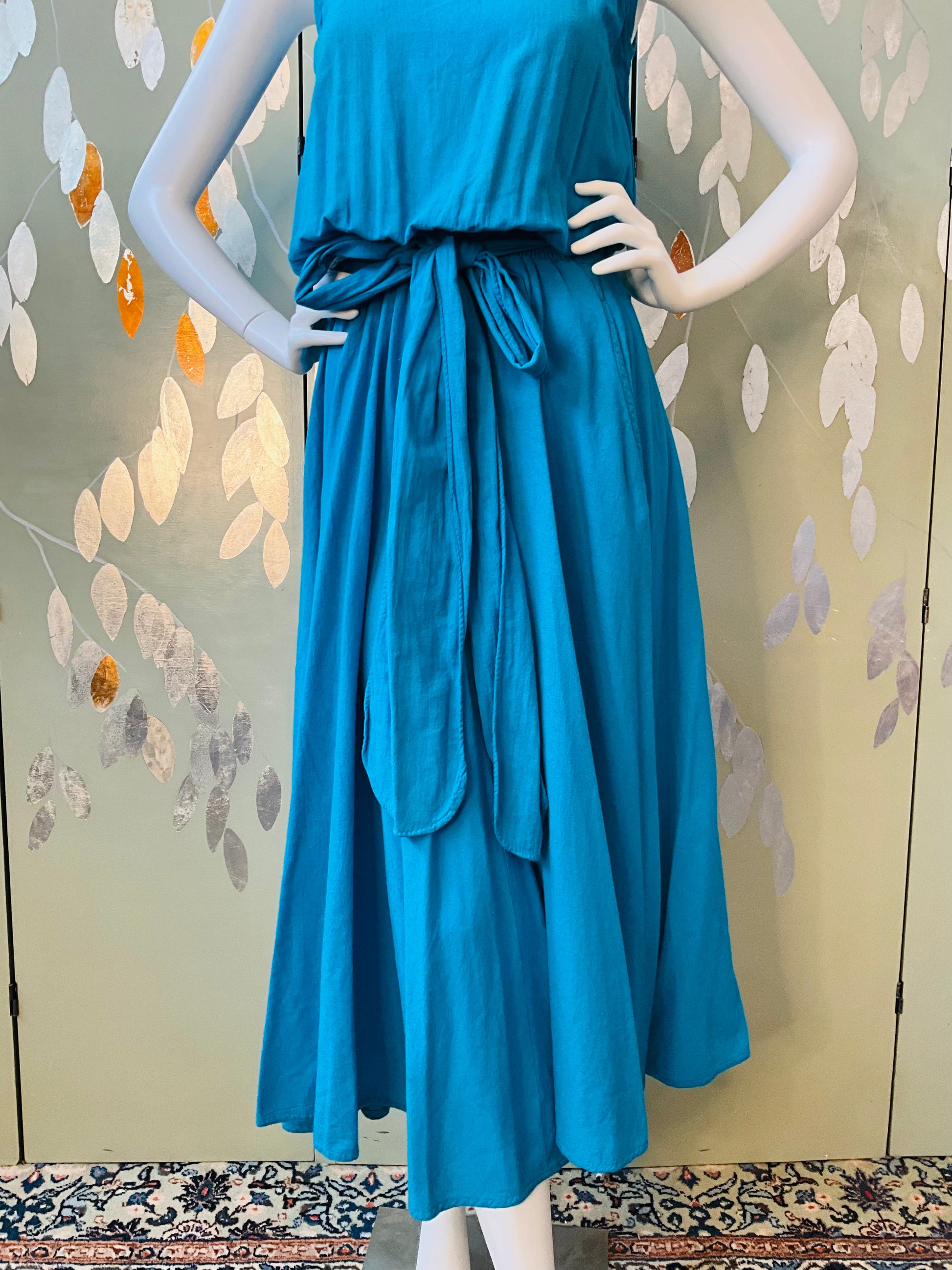 Vintage 1980s Blue Cotton Tank Top Maxi Dress, Made in USA, M/L