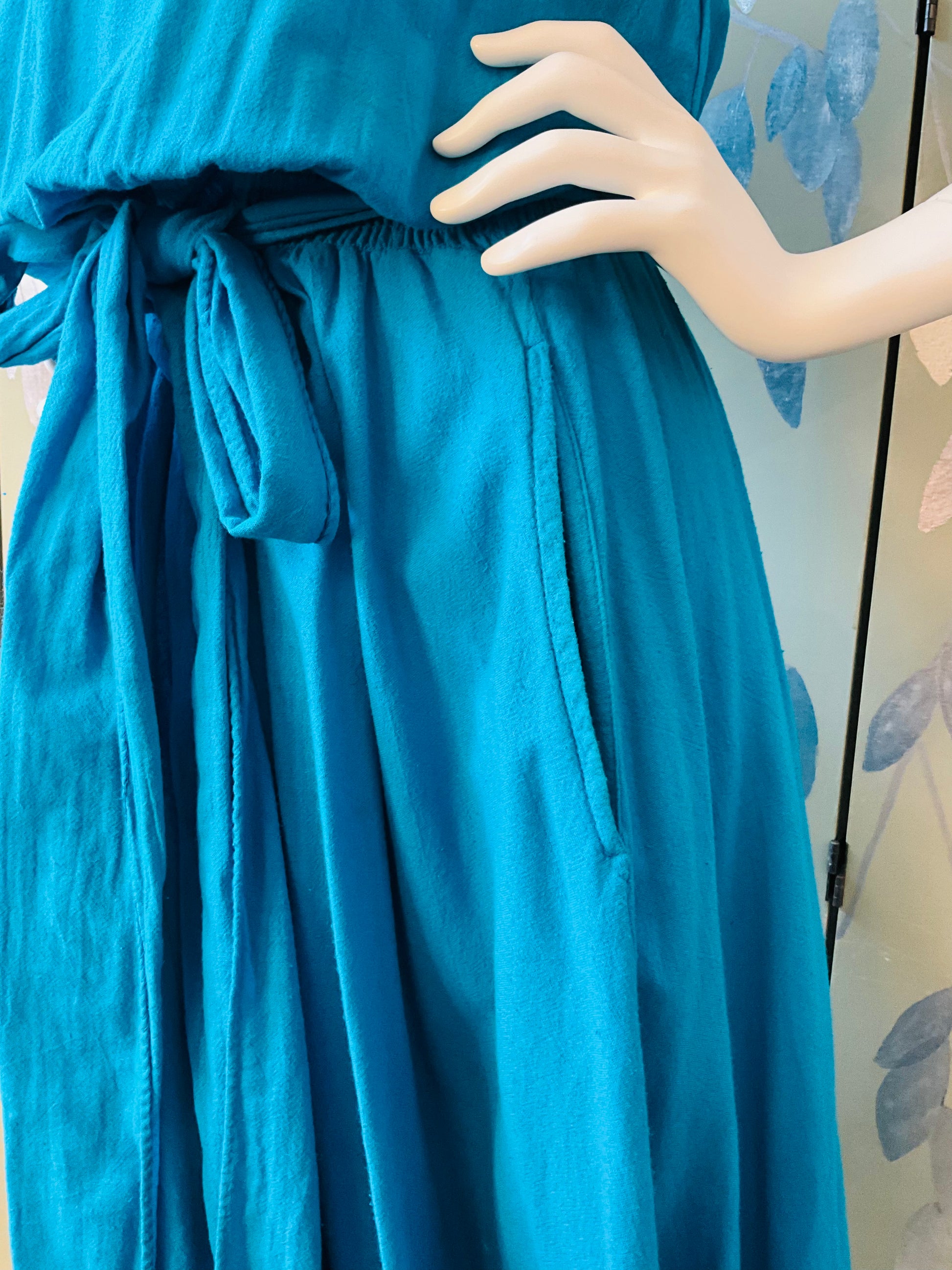 Vintage 1980s Blue Cotton Tank Top Maxi Dress, Made in USA, M/L