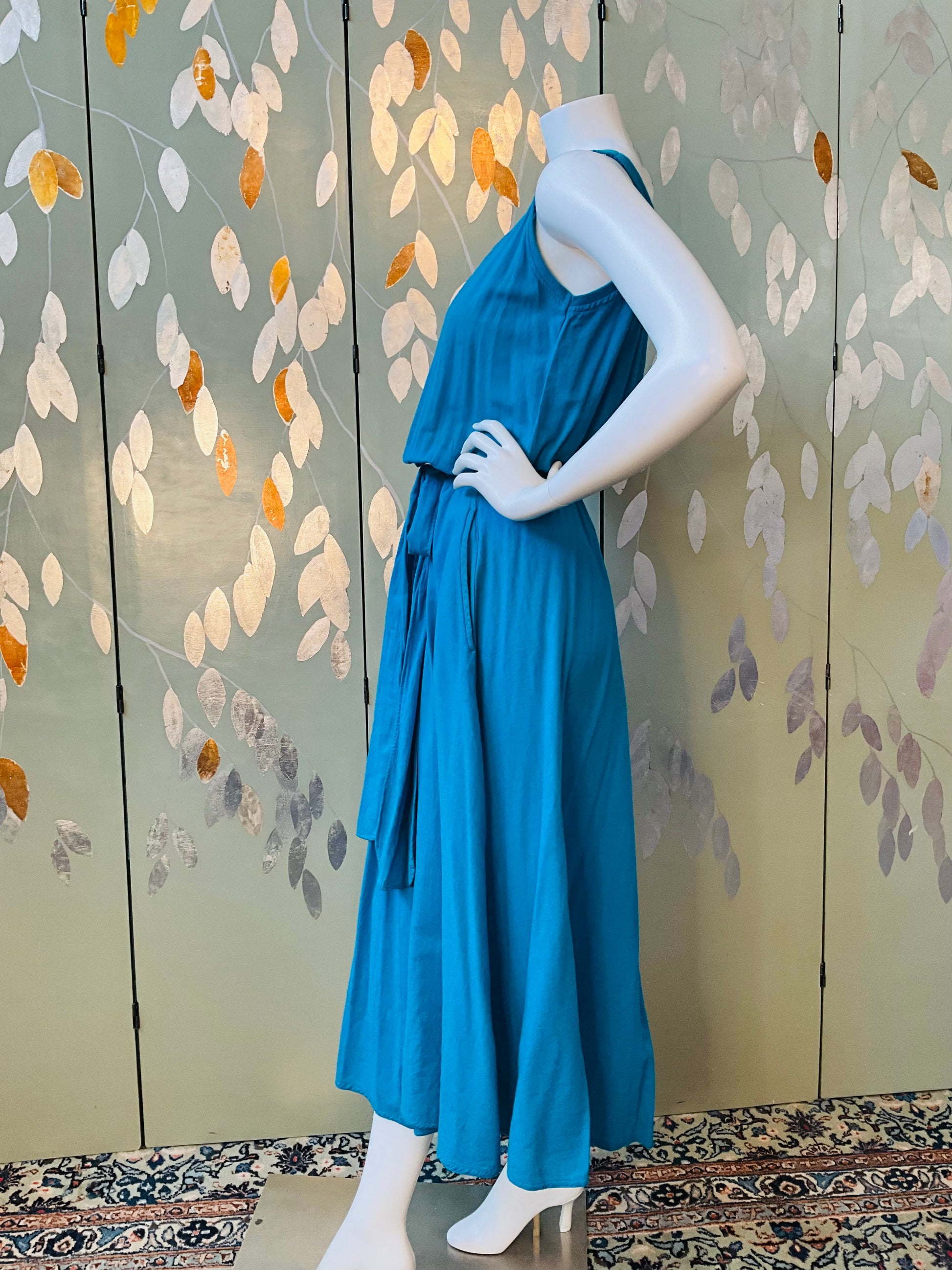 Vintage 1980s Blue Cotton Tank Top Maxi Dress, Made in USA, M/L