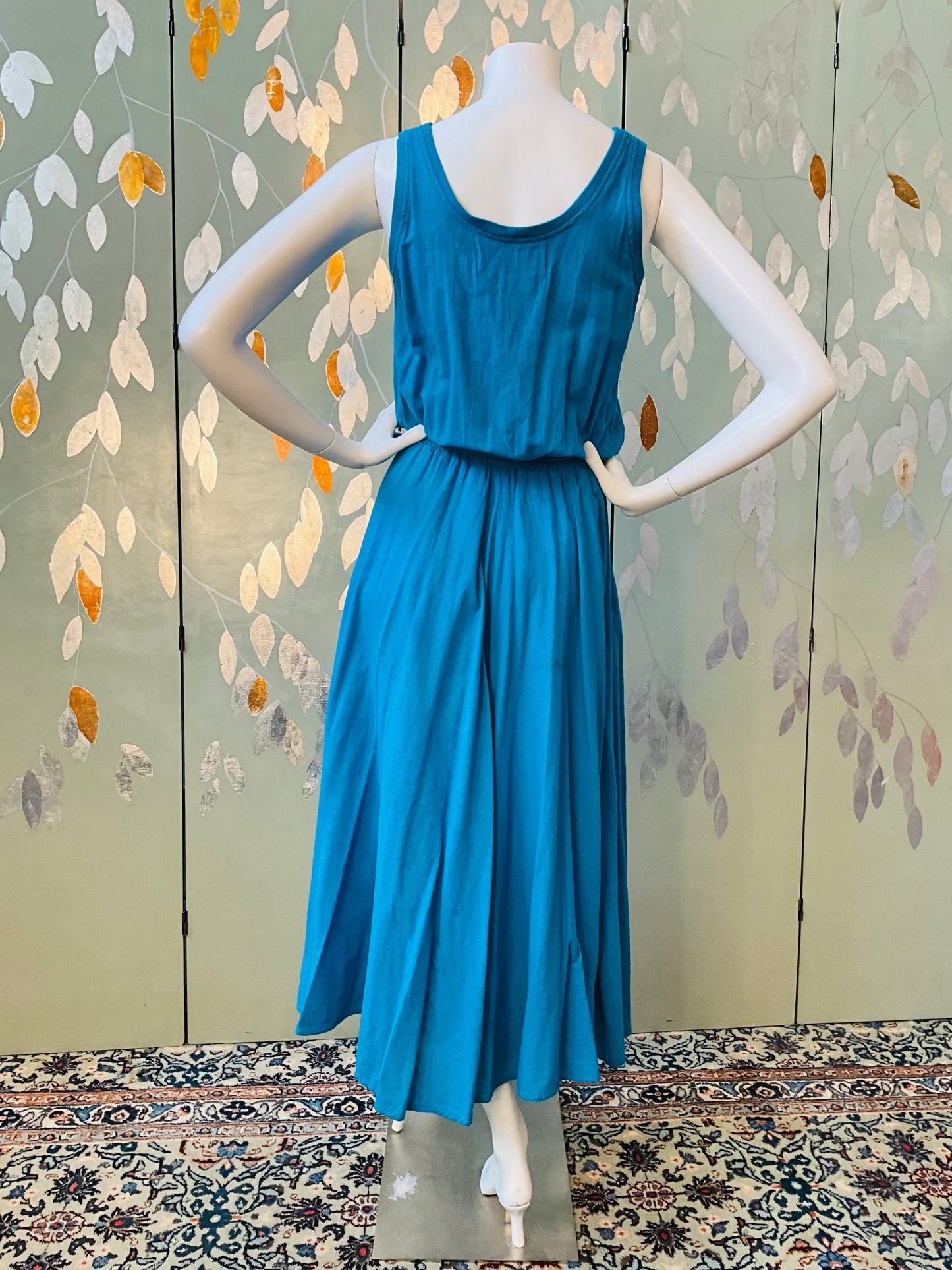 Vintage 1980s Blue Cotton Tank Top Maxi Dress, Made in USA, M/L