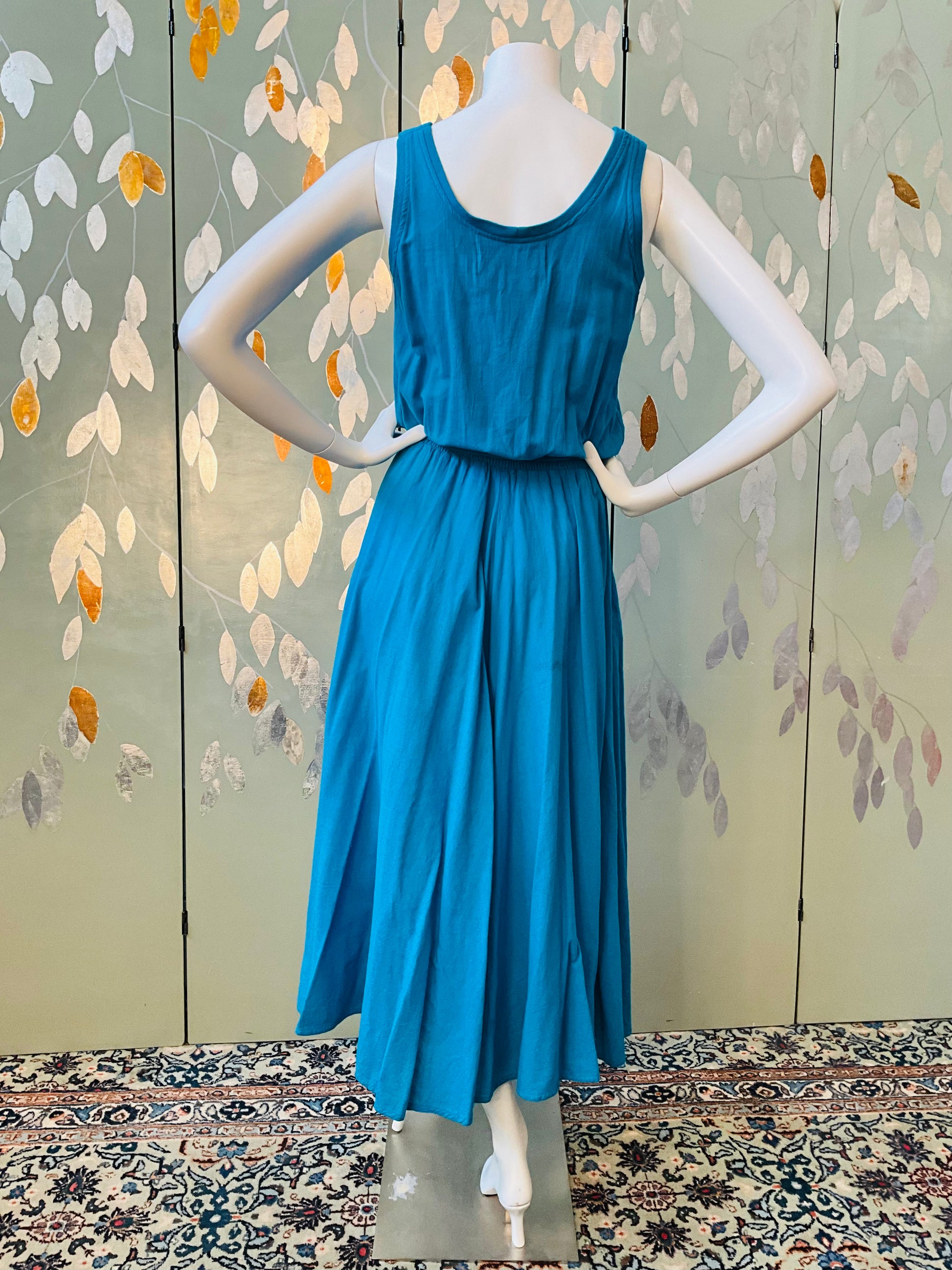 Vintage 1980s Blue Cotton Tank Top Maxi Dress, Made in USA, M/L