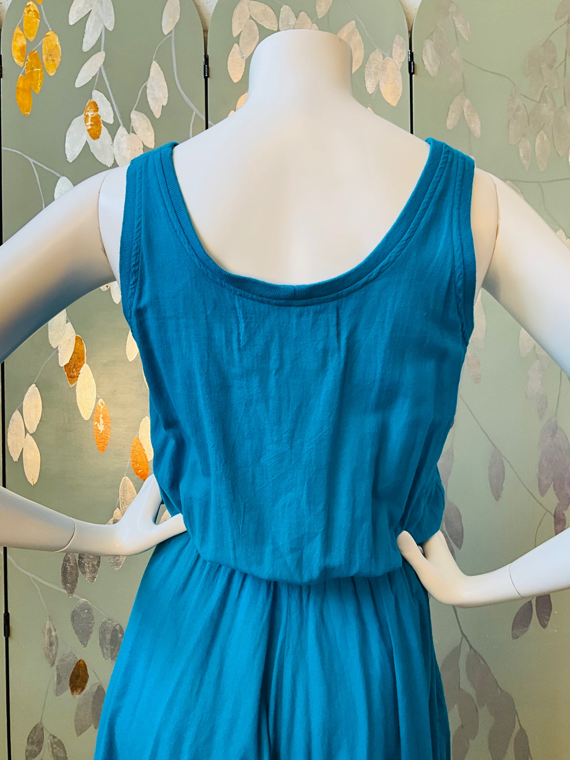 Vintage 1980s Blue Cotton Tank Top Maxi Dress, Made in USA, M/L