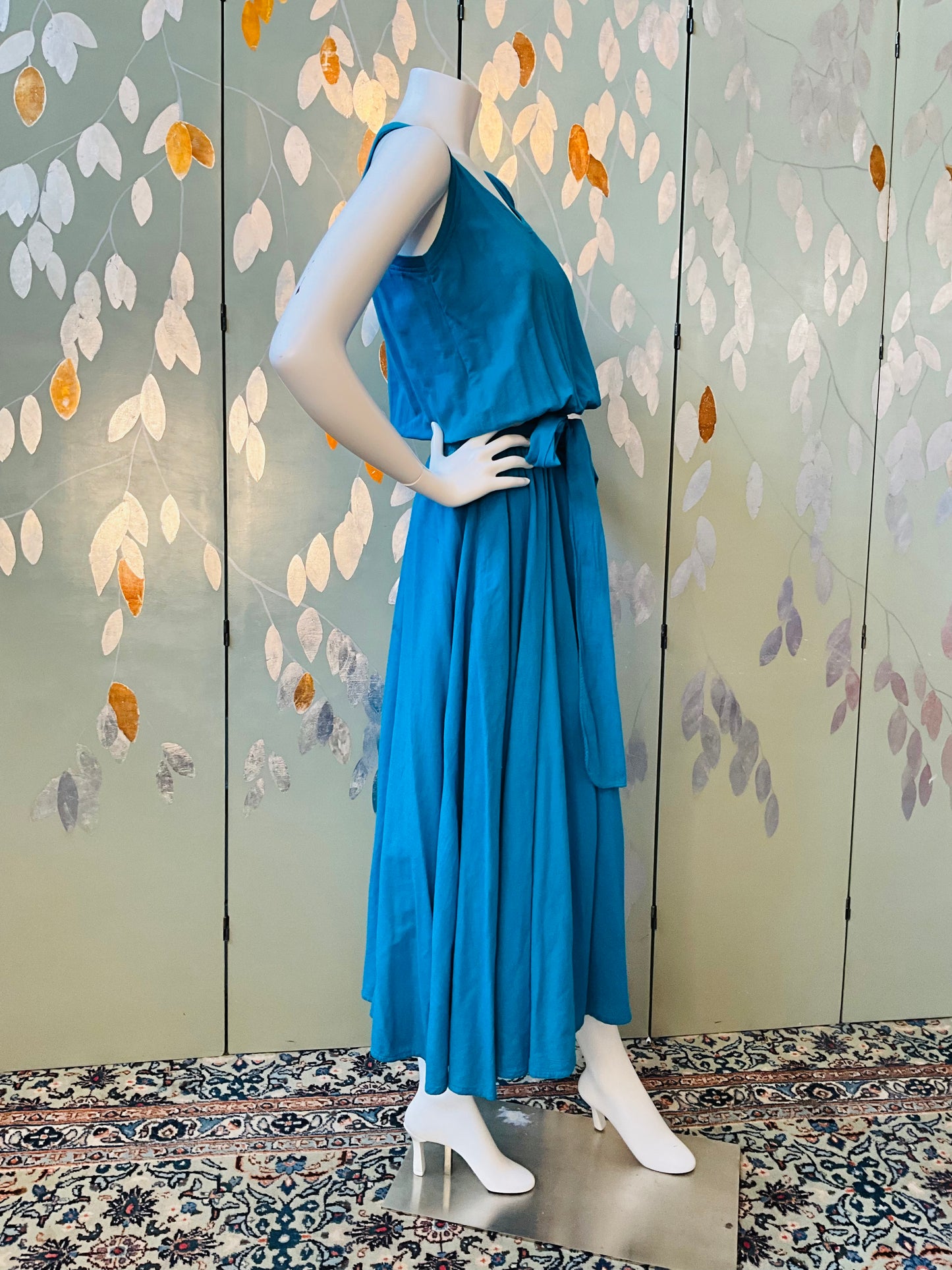 Vintage 1980s Blue Cotton Tank Top Maxi Dress, Made in USA, M/L