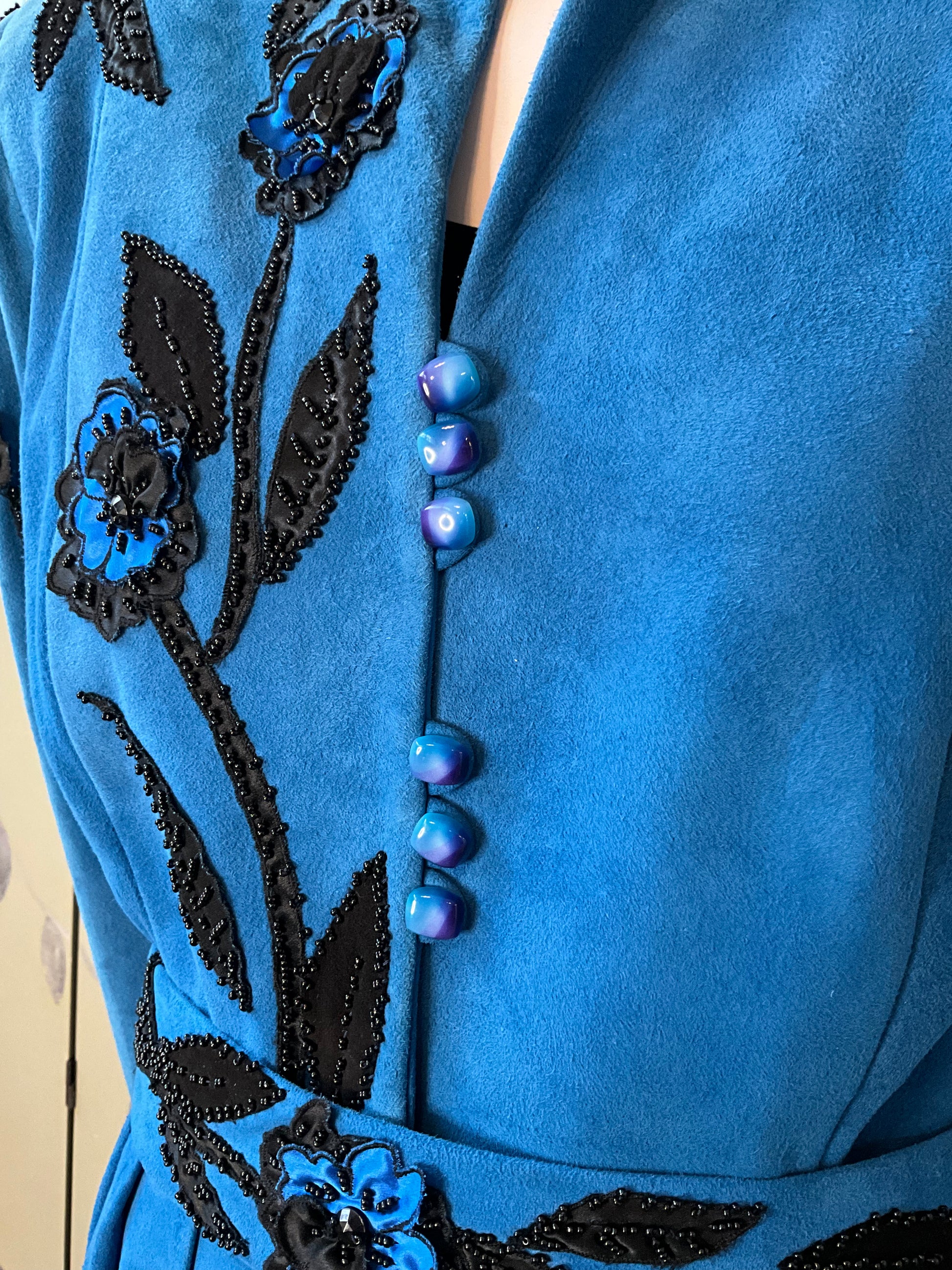 Vintage 1980s Blue Suede Embellished Peplum Skirt Suit, Medium 