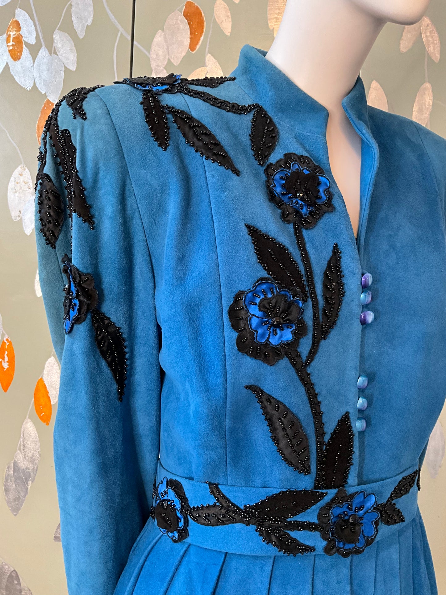 Vintage 1980s Blue Suede Embellished Peplum Skirt Suit, Medium 