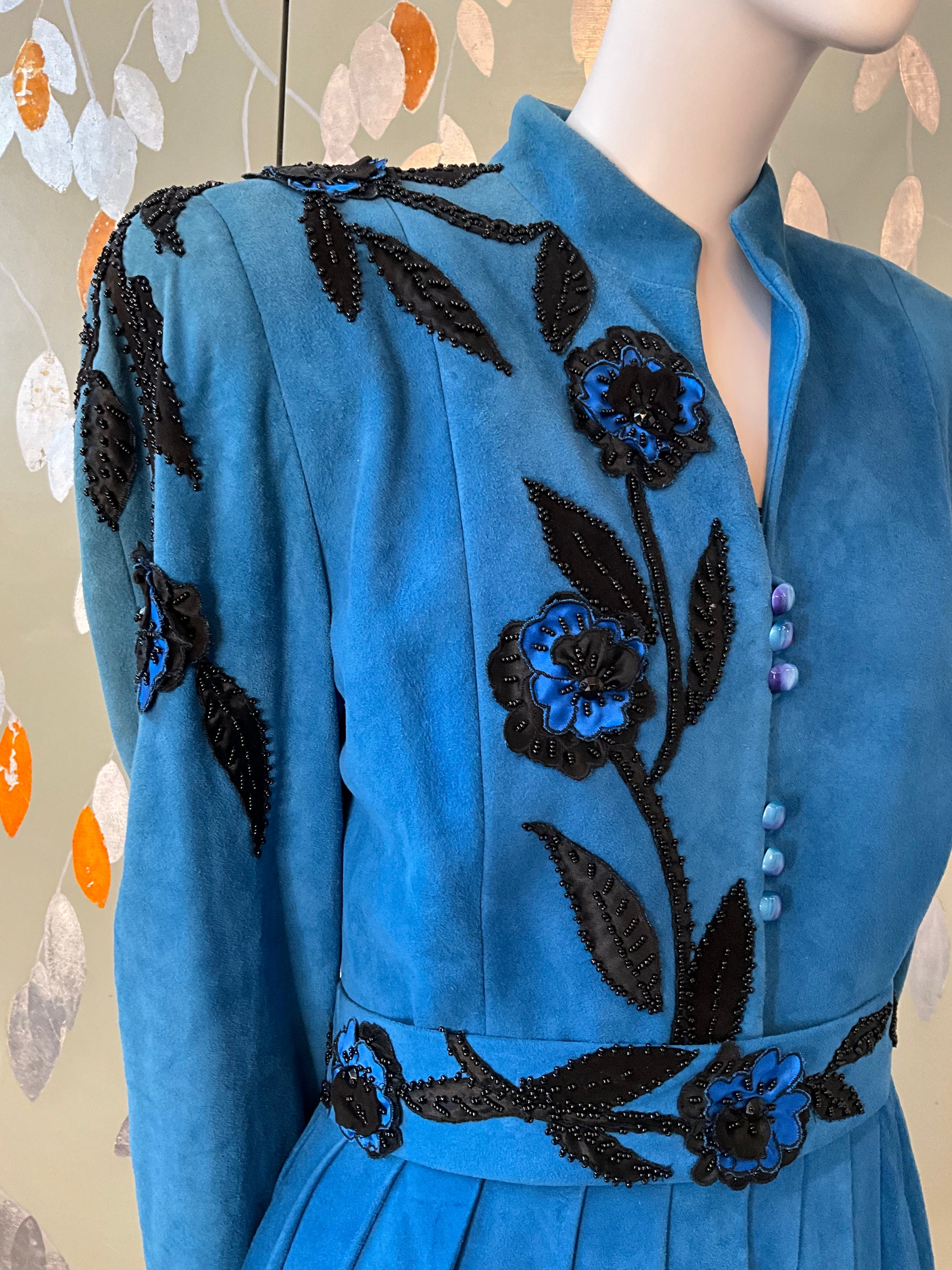 Vintage 1980s Blue Suede Embellished Peplum Skirt Suit, Medium 