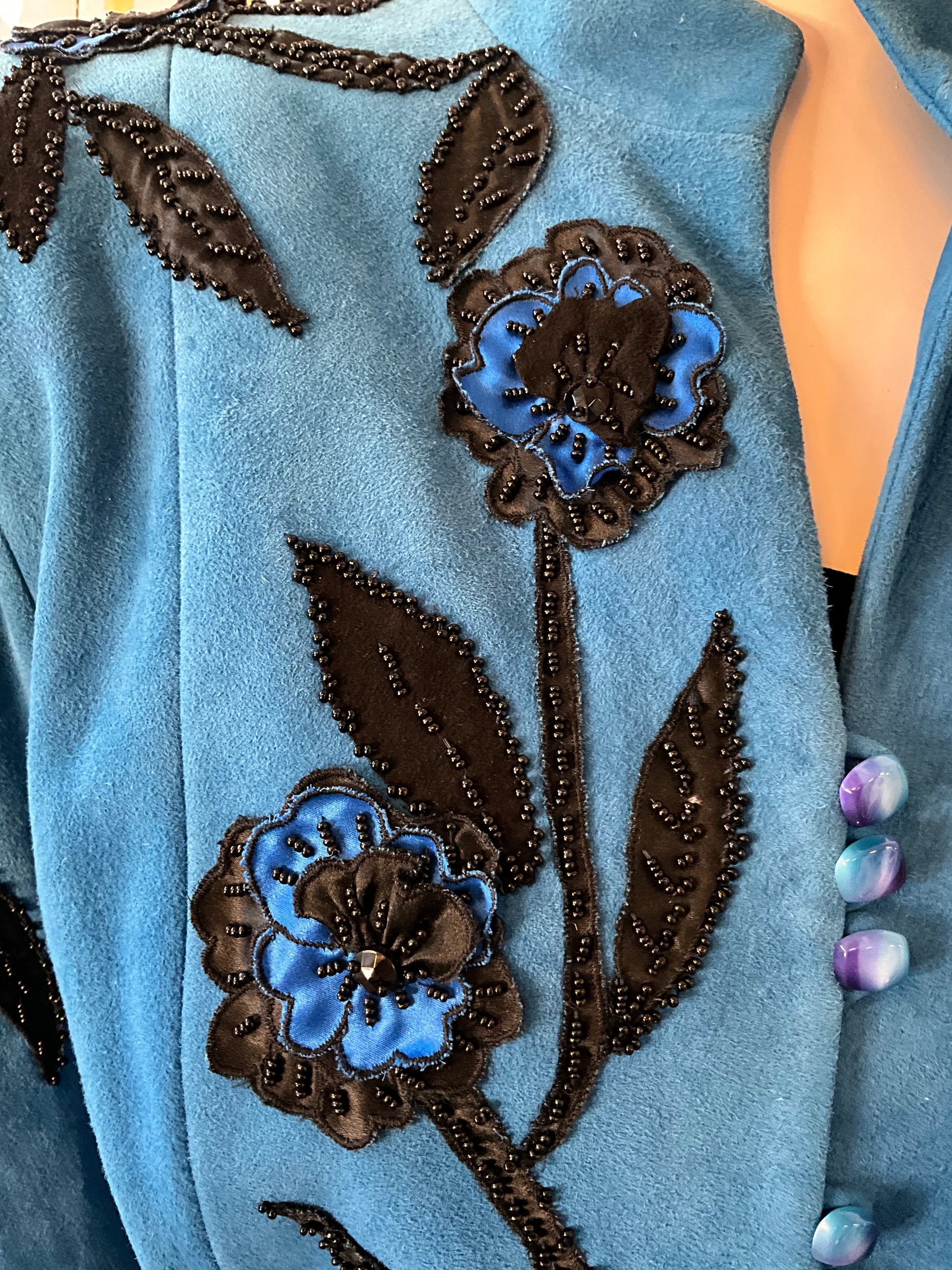 Vintage 1980s Blue Suede Embellished Peplum Skirt Suit, Medium 