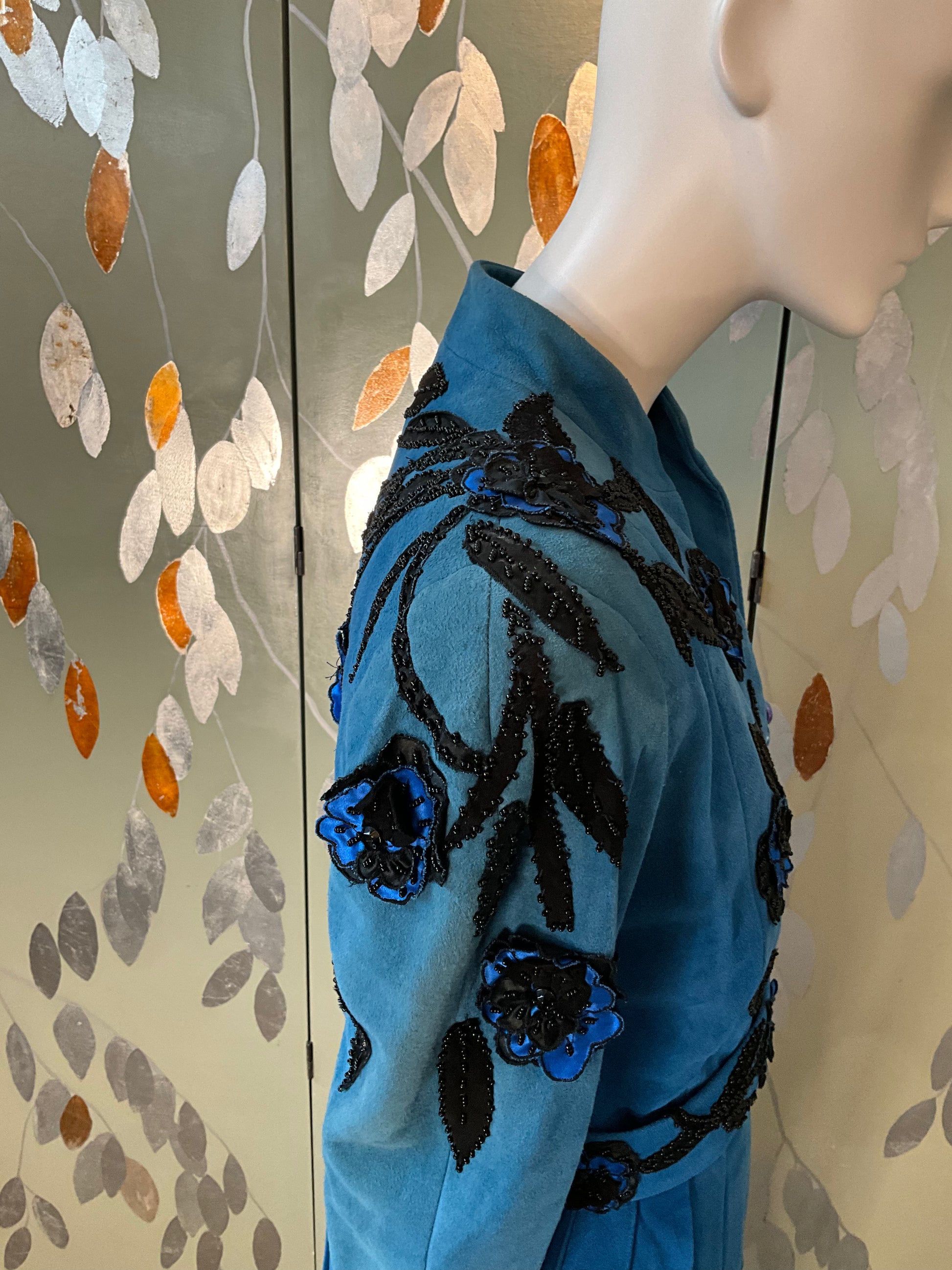 Vintage 1980s Blue Suede Embellished Peplum Skirt Suit, Medium 