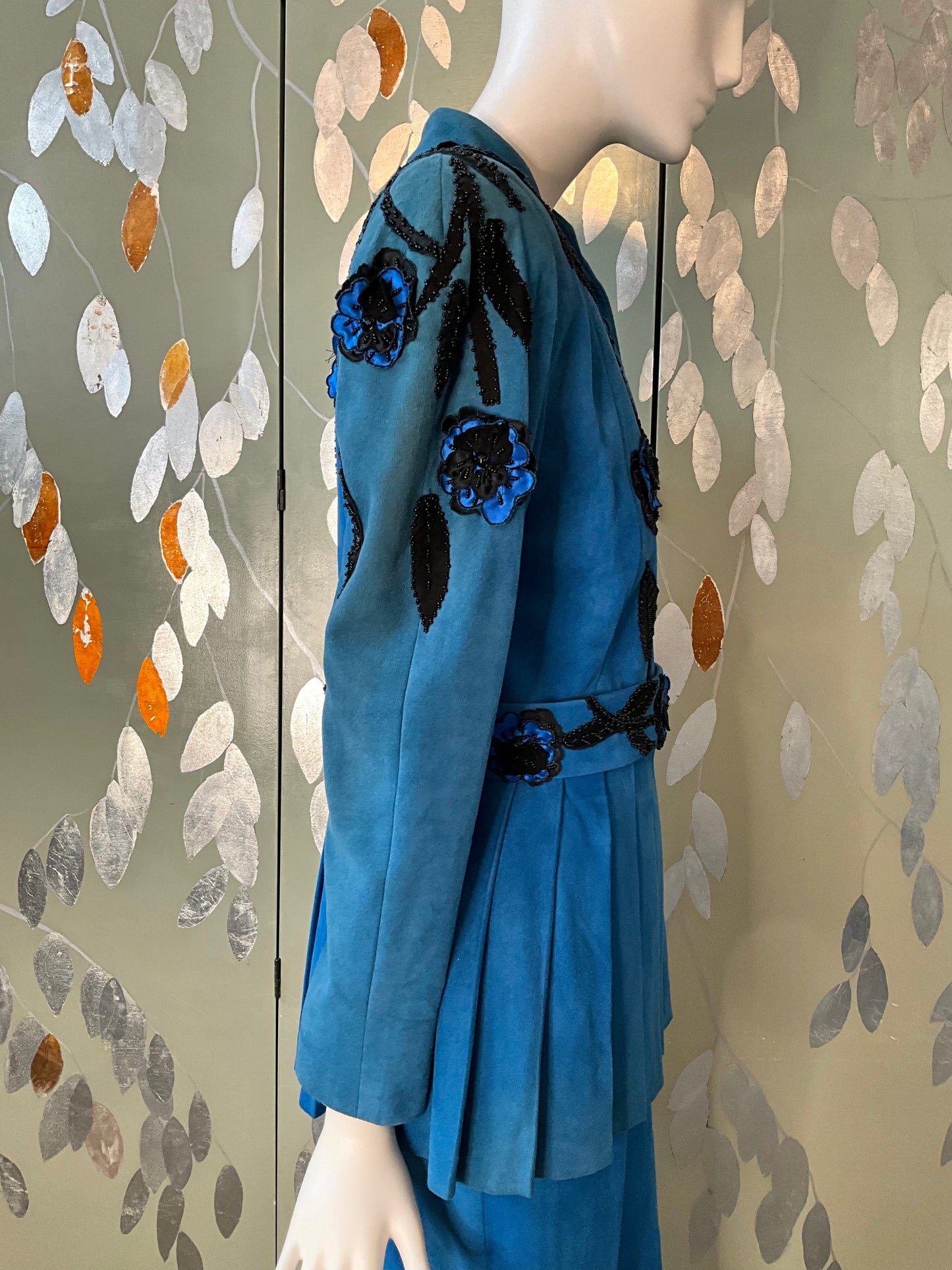 Vintage 1980s Blue Suede Embellished Peplum Skirt Suit, Medium 