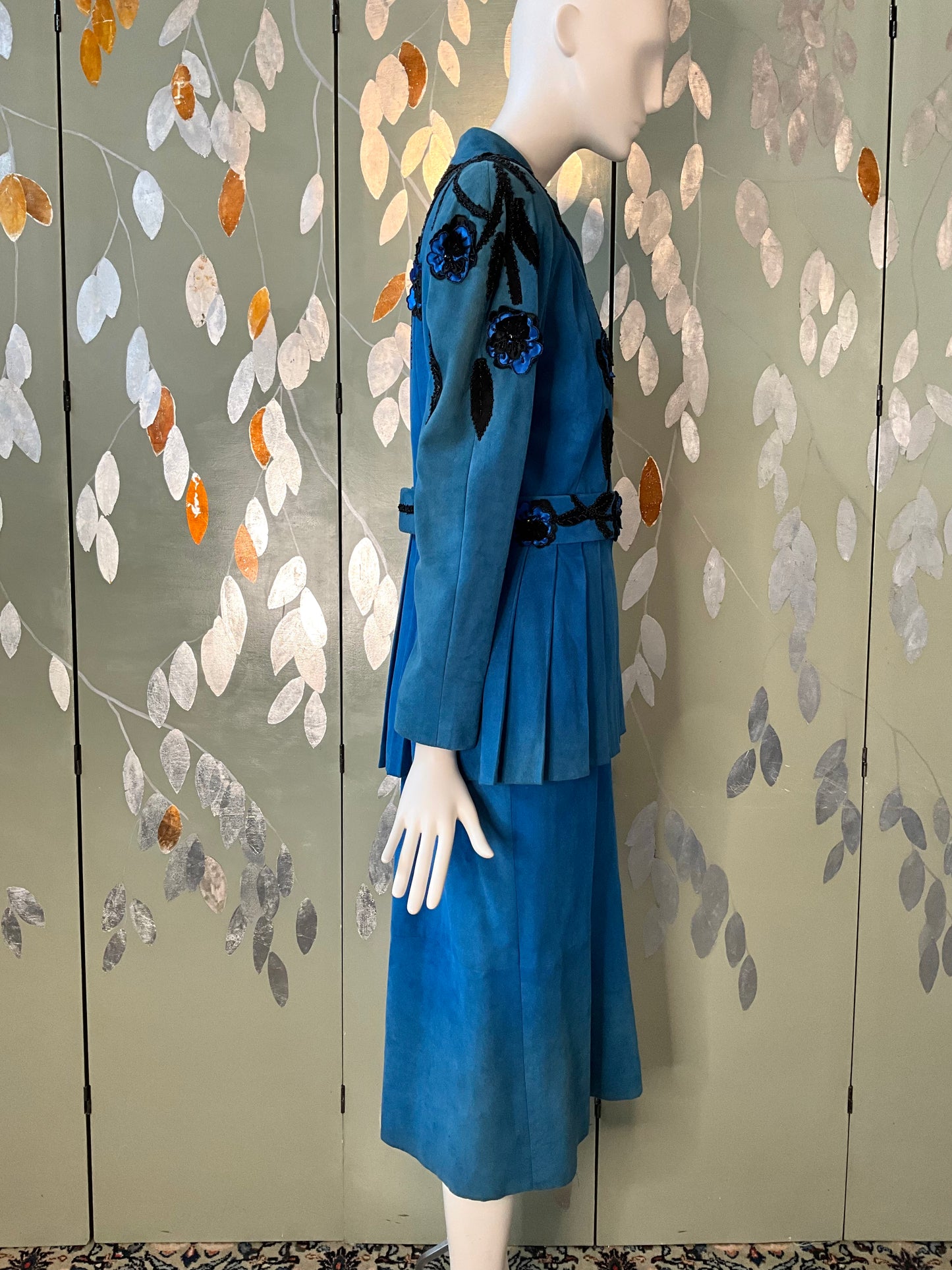 Vintage 1980s Blue Suede Embellished Peplum Skirt Suit, Medium 