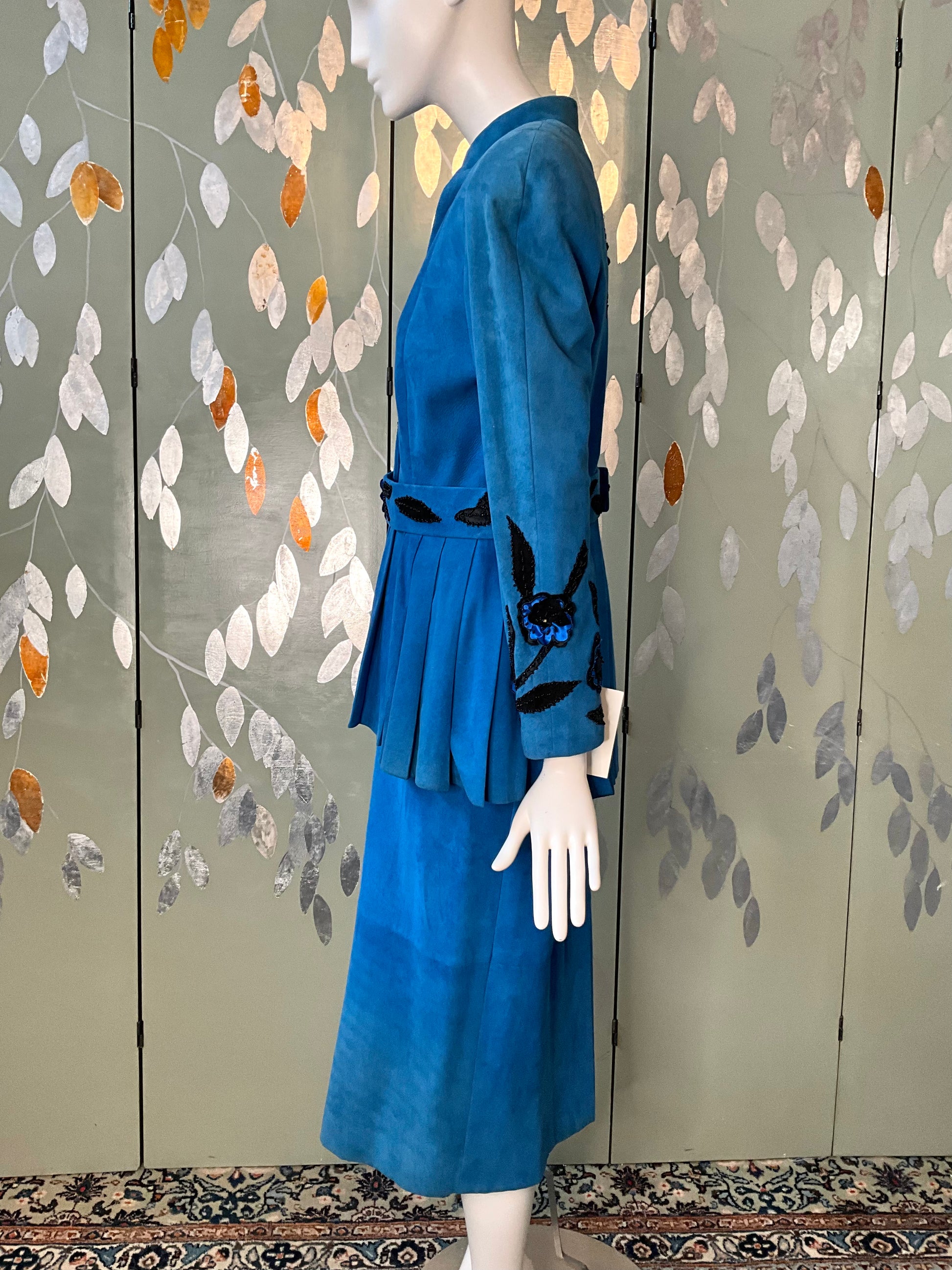 Vintage 1980s Blue Suede Embellished Peplum Skirt Suit, Medium 