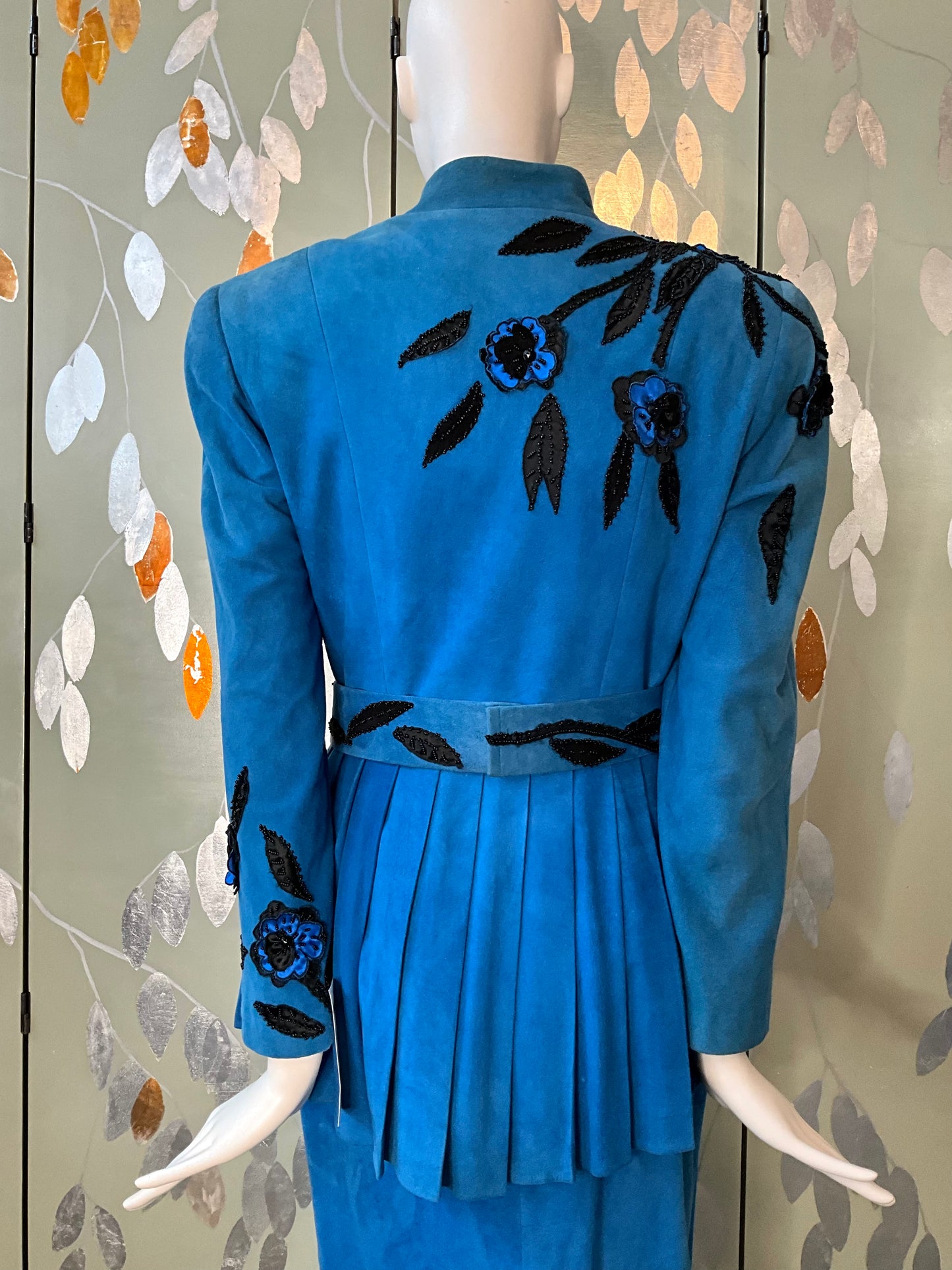 Vintage 1980s Blue Suede Embellished Peplum Skirt Suit, Medium 