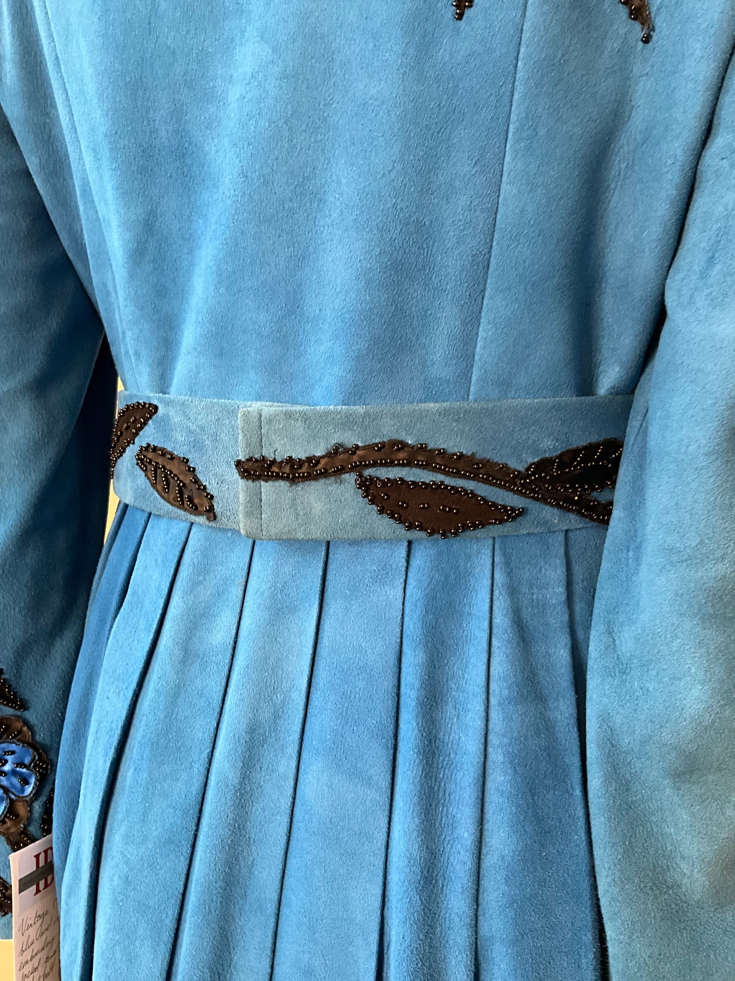 Vintage 1980s Blue Suede Embellished Peplum Skirt Suit, Medium 