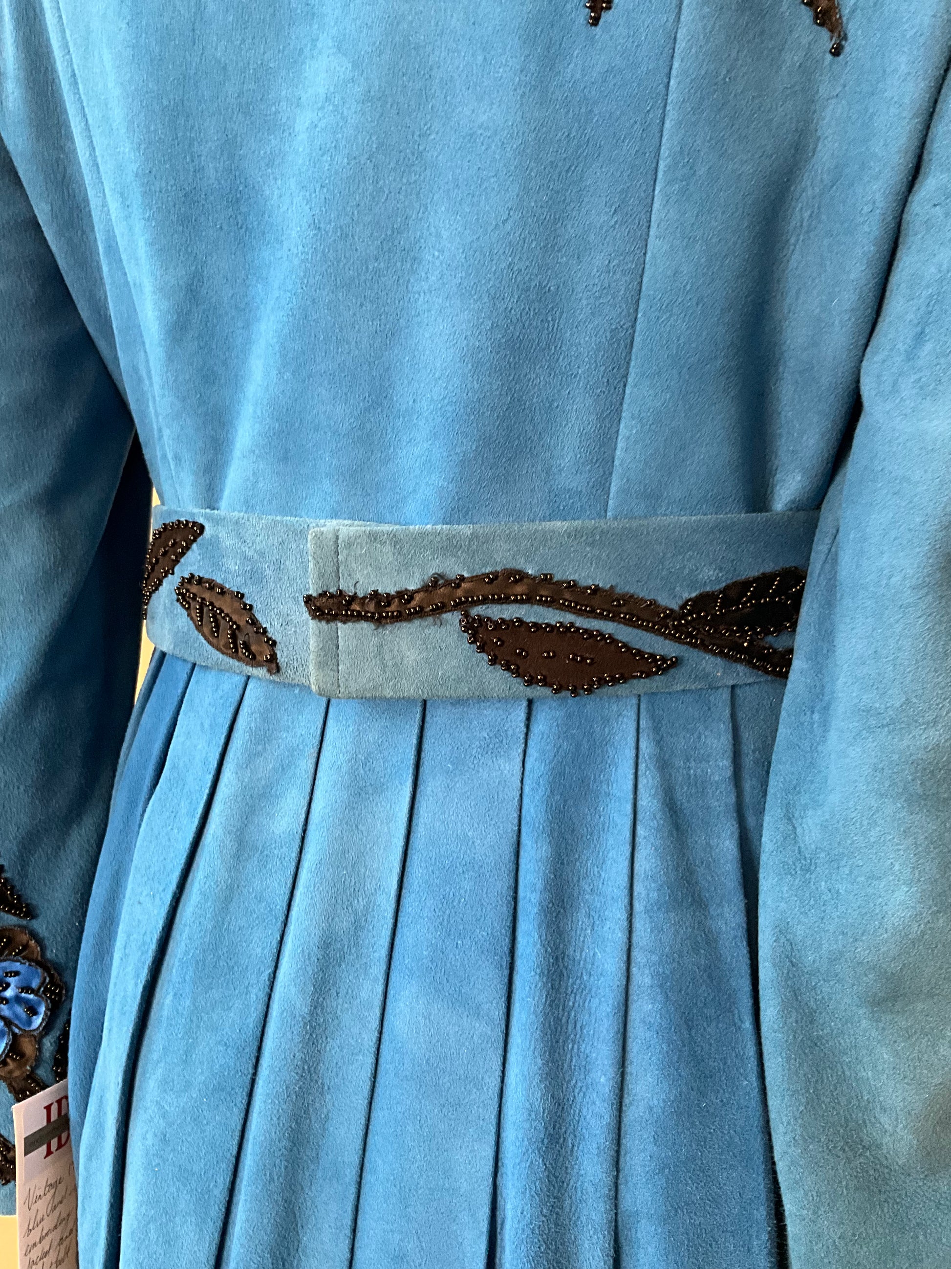 Vintage 1980s Blue Suede Embellished Peplum Skirt Suit, Medium 