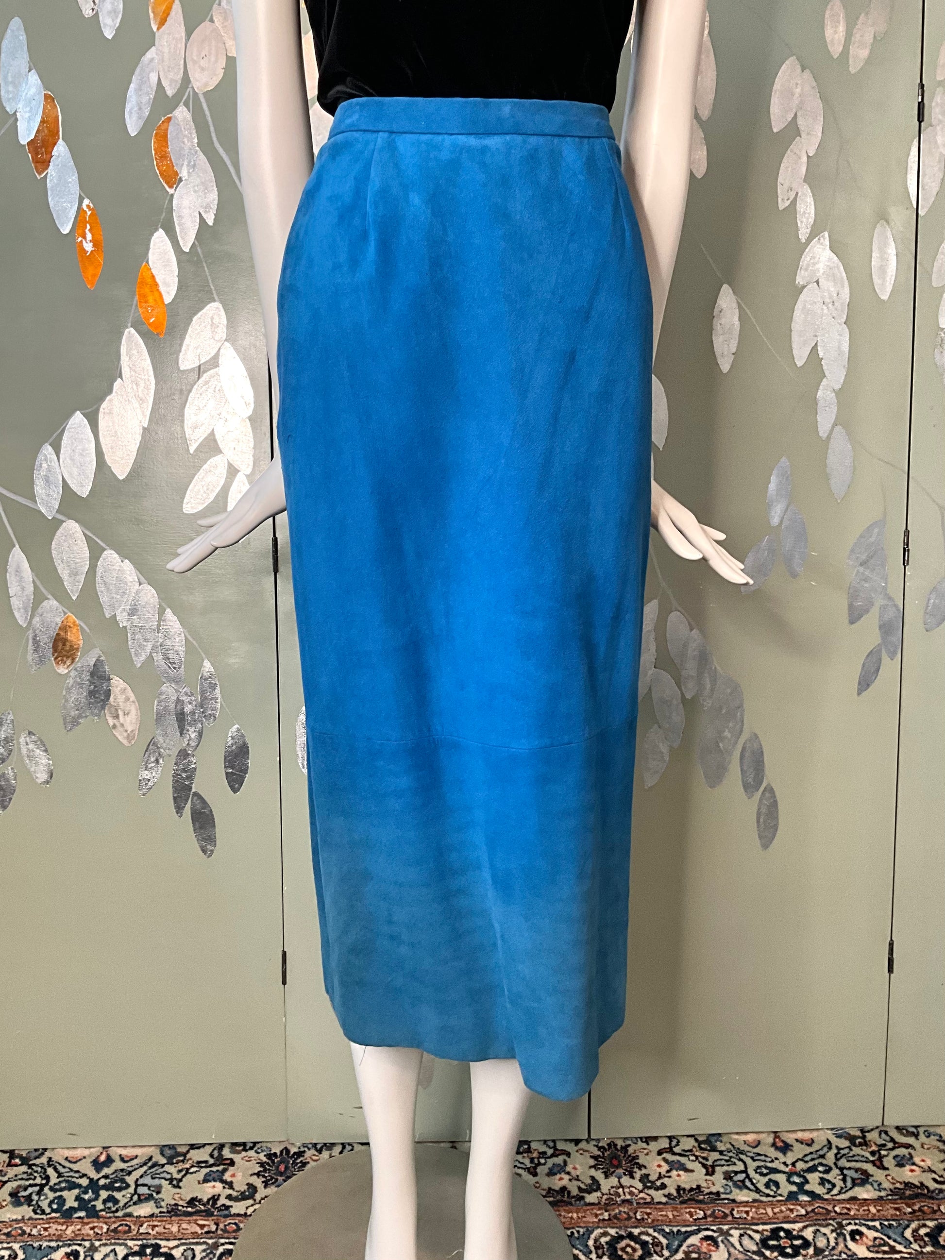 Vintage 1980s Blue Suede Embellished Peplum Skirt Suit, Medium 