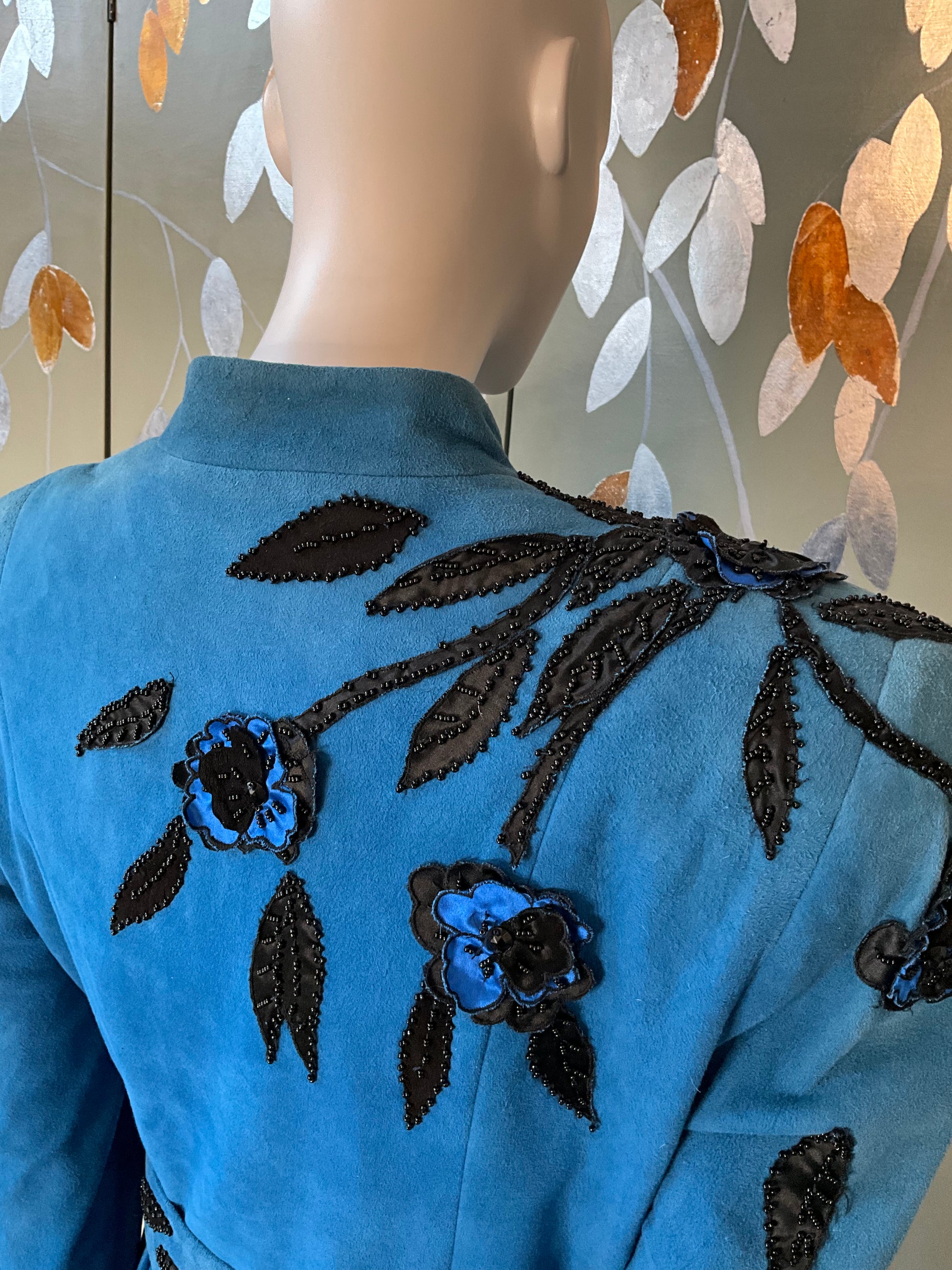 Vintage 1980s Blue Suede Embellished Peplum Skirt Suit, Medium 