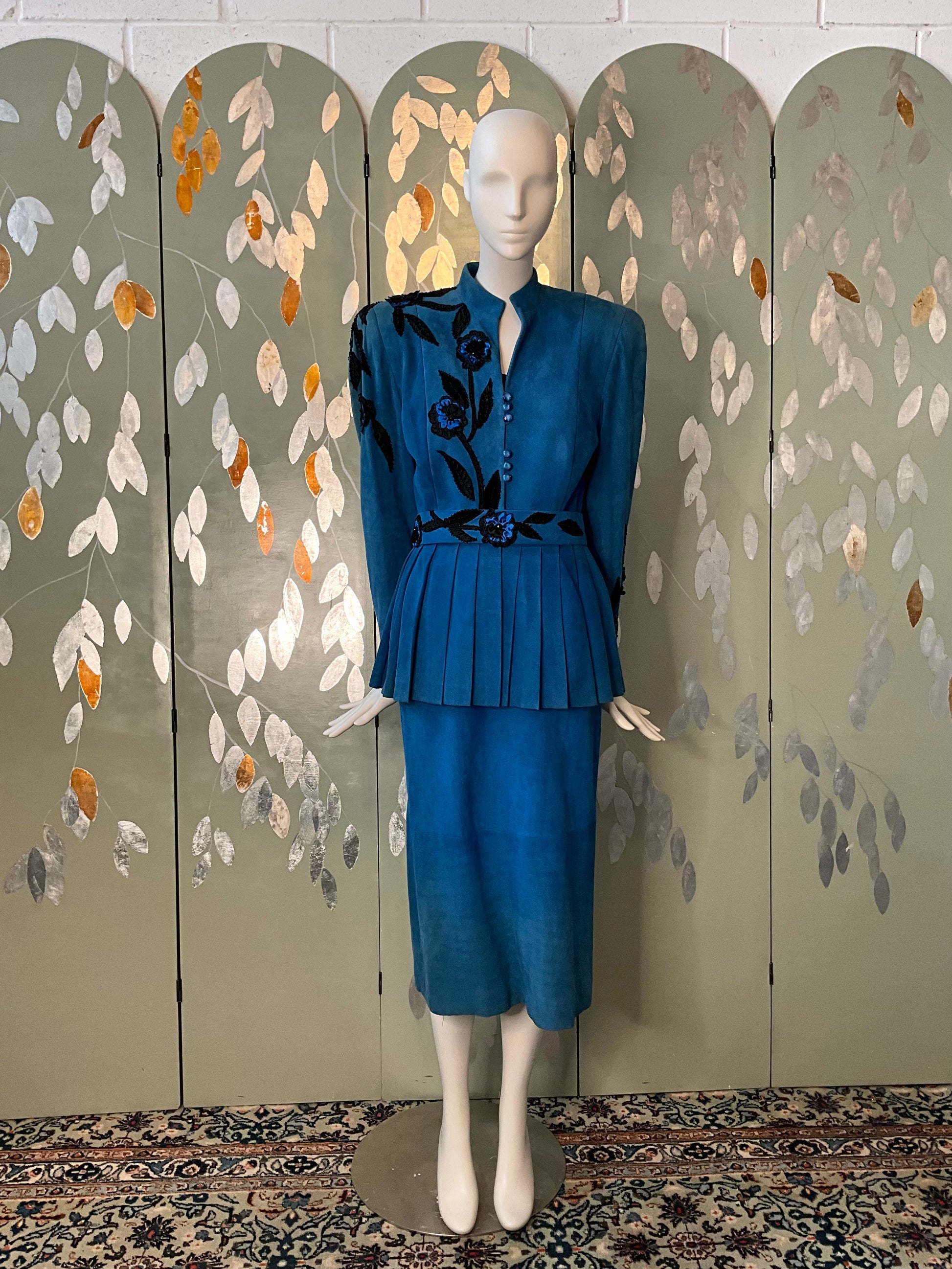 Vintage 1980s Blue Suede Embellished Peplum Skirt Suit, Medium 