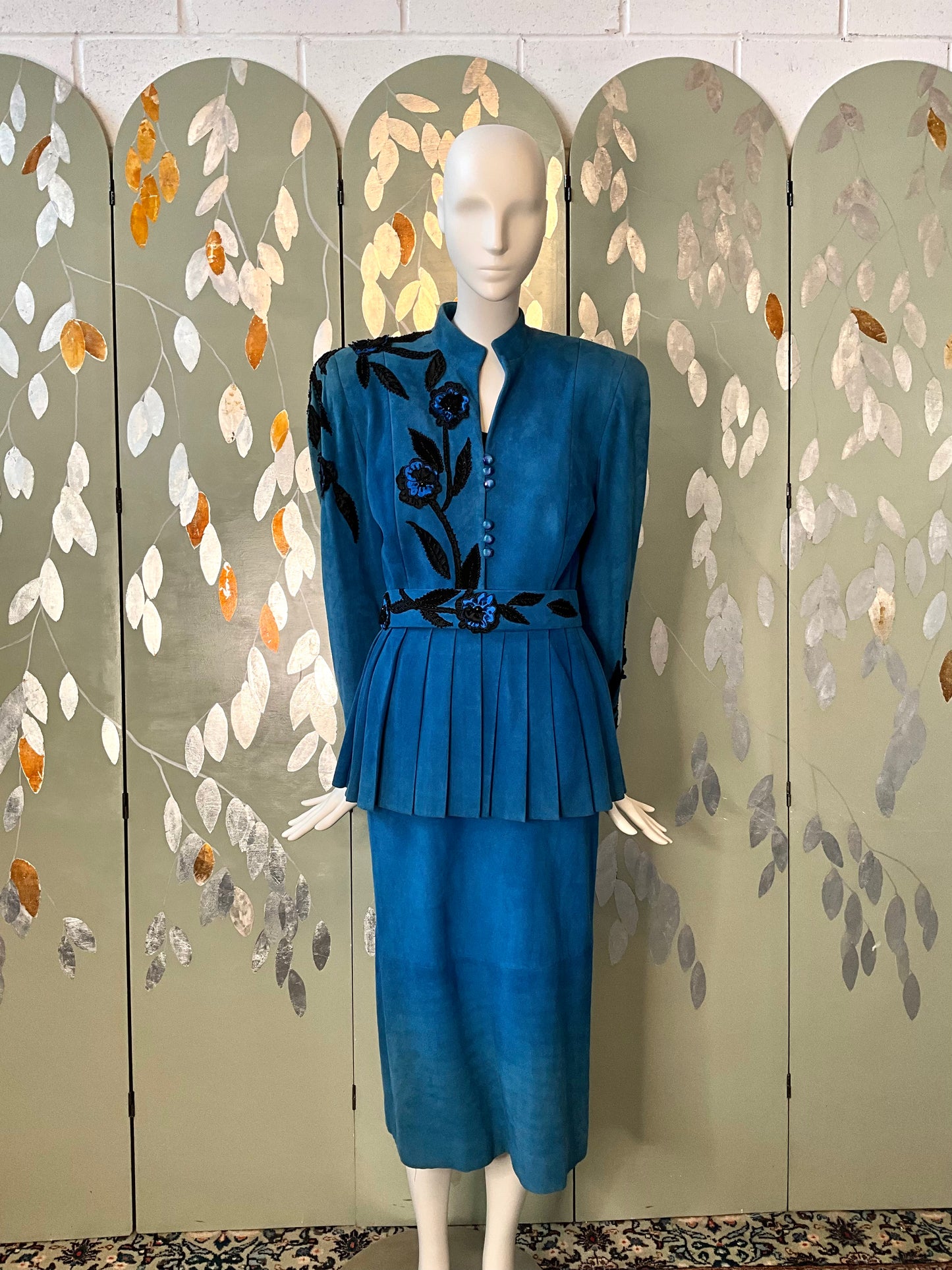 Vintage 1980s Blue Suede Embellished Peplum Skirt Suit, Medium 