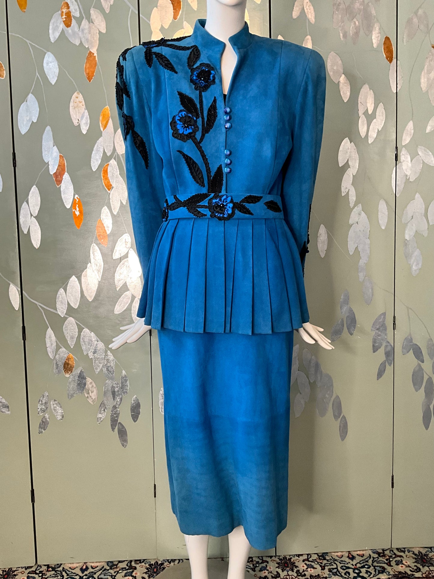 Vintage 1980s Blue Suede Embellished Peplum Skirt Suit, Medium 