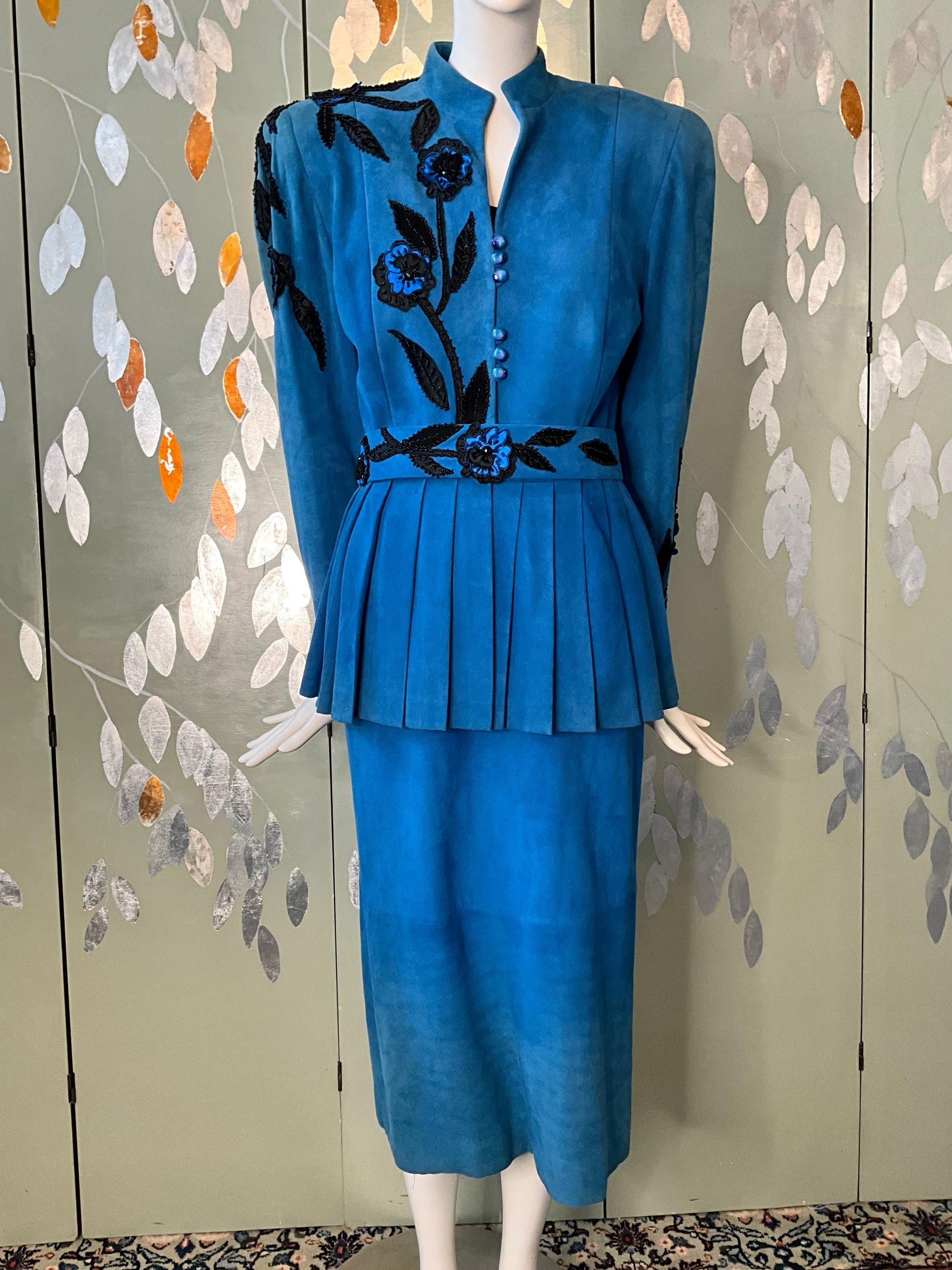 Vintage 1980s Blue Suede Embellished Peplum Skirt Suit, Medium 