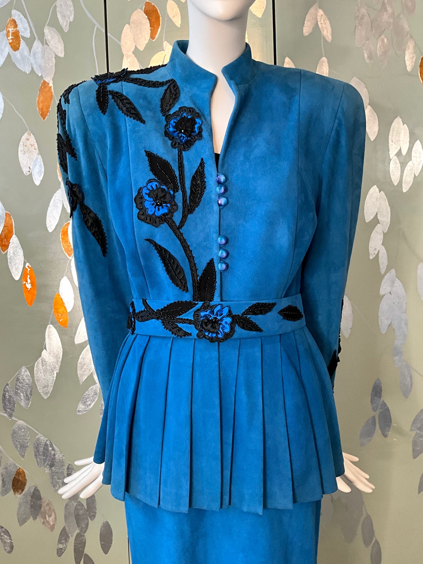 Vintage 1980s Blue Suede Embellished Peplum Skirt Suit, Medium 