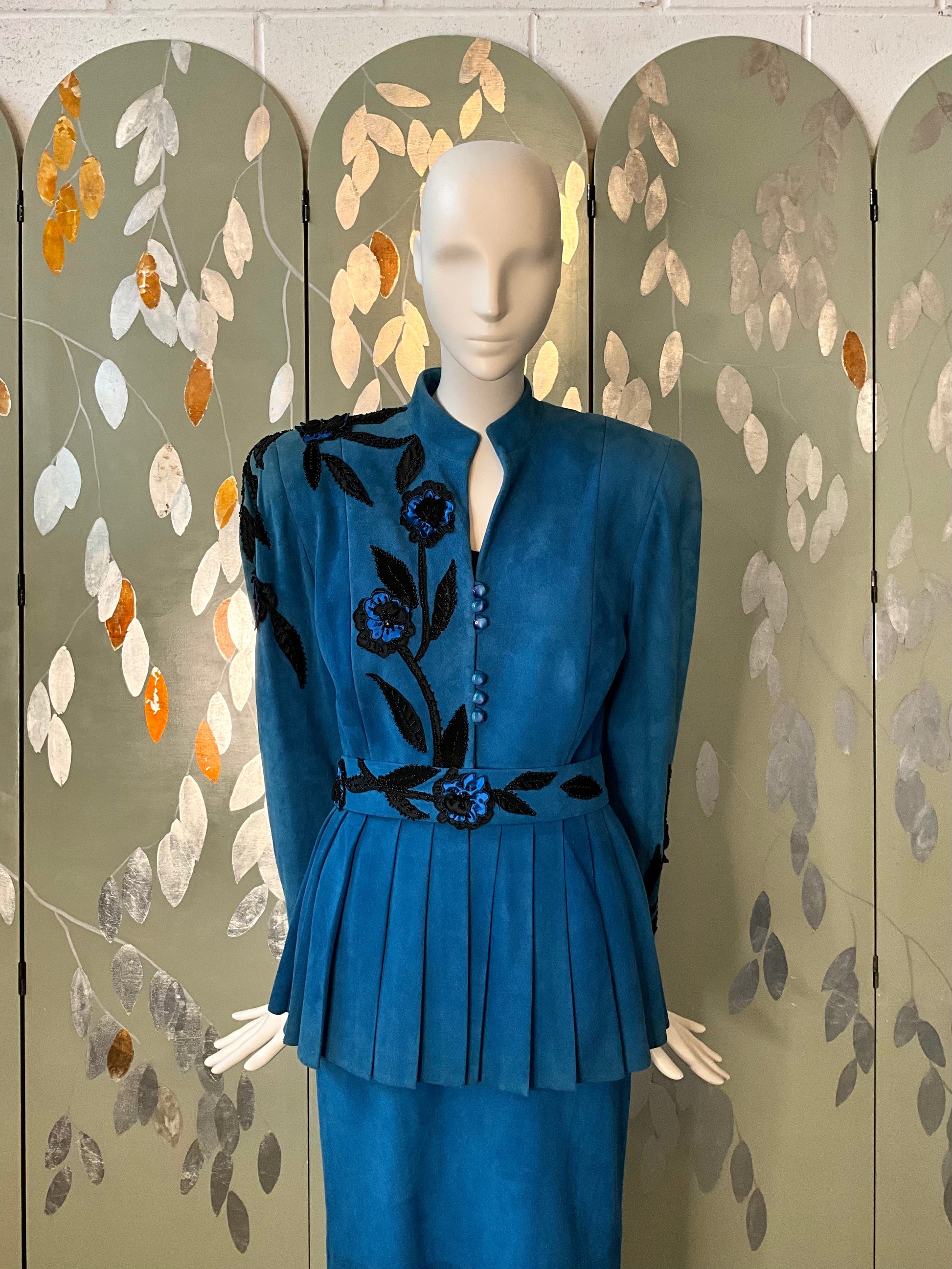 Vintage 1980s Blue Suede Embellished Peplum Skirt Suit, Medium 