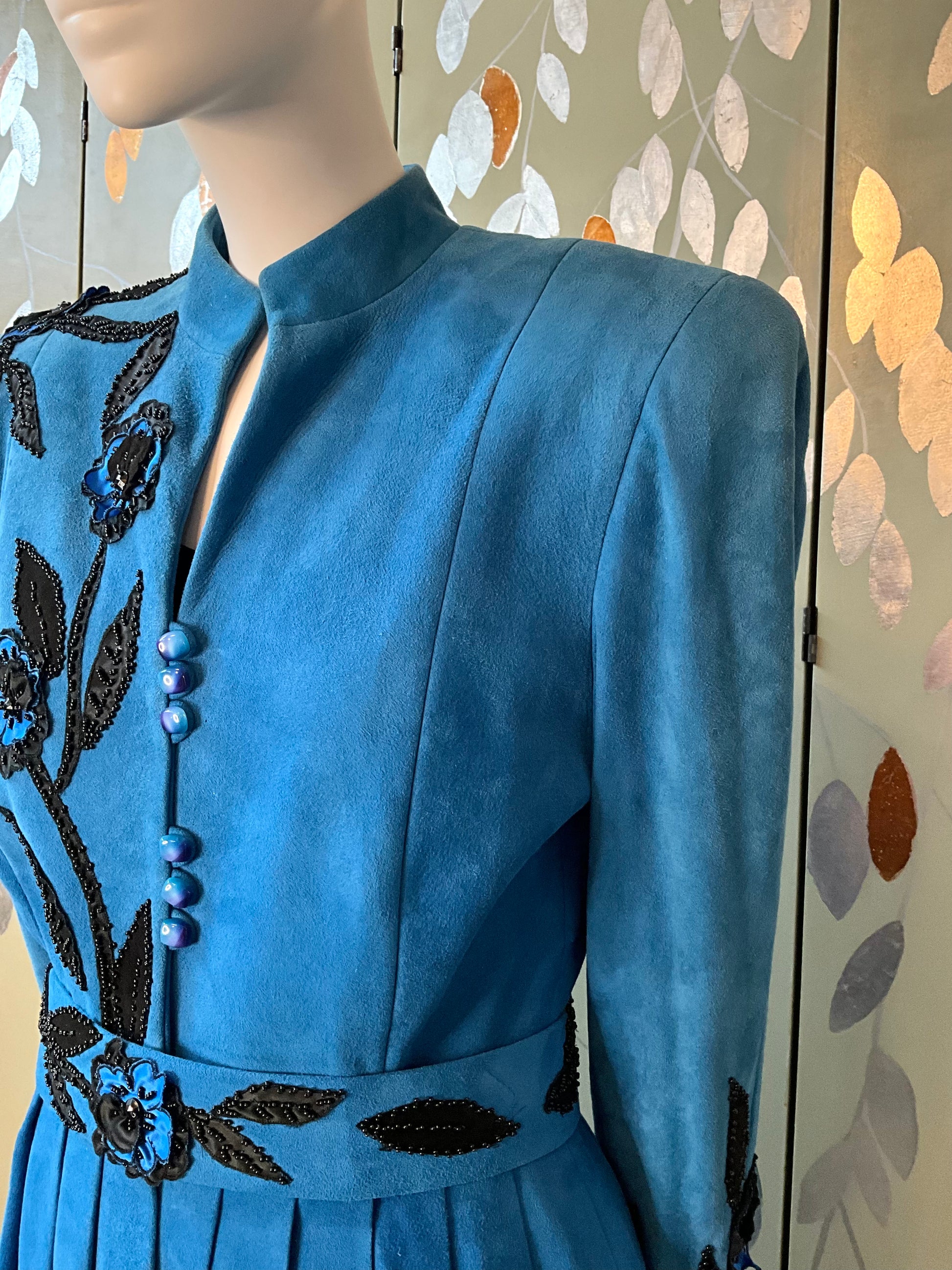 Vintage 1980s Blue Suede Embellished Peplum Skirt Suit, Medium 