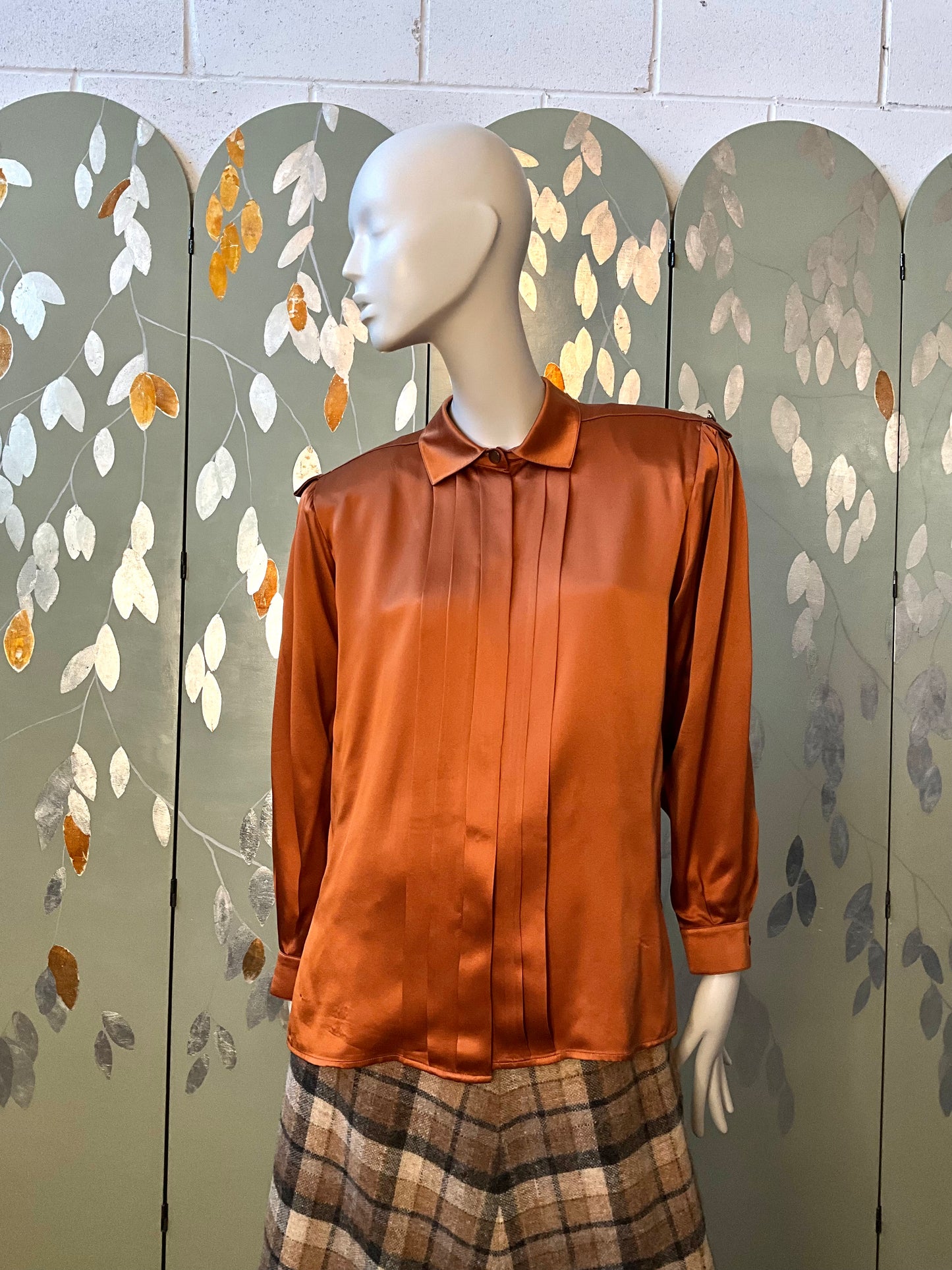 Vintage 1980s Copper Silk Satin Pleated Blouse, Large 