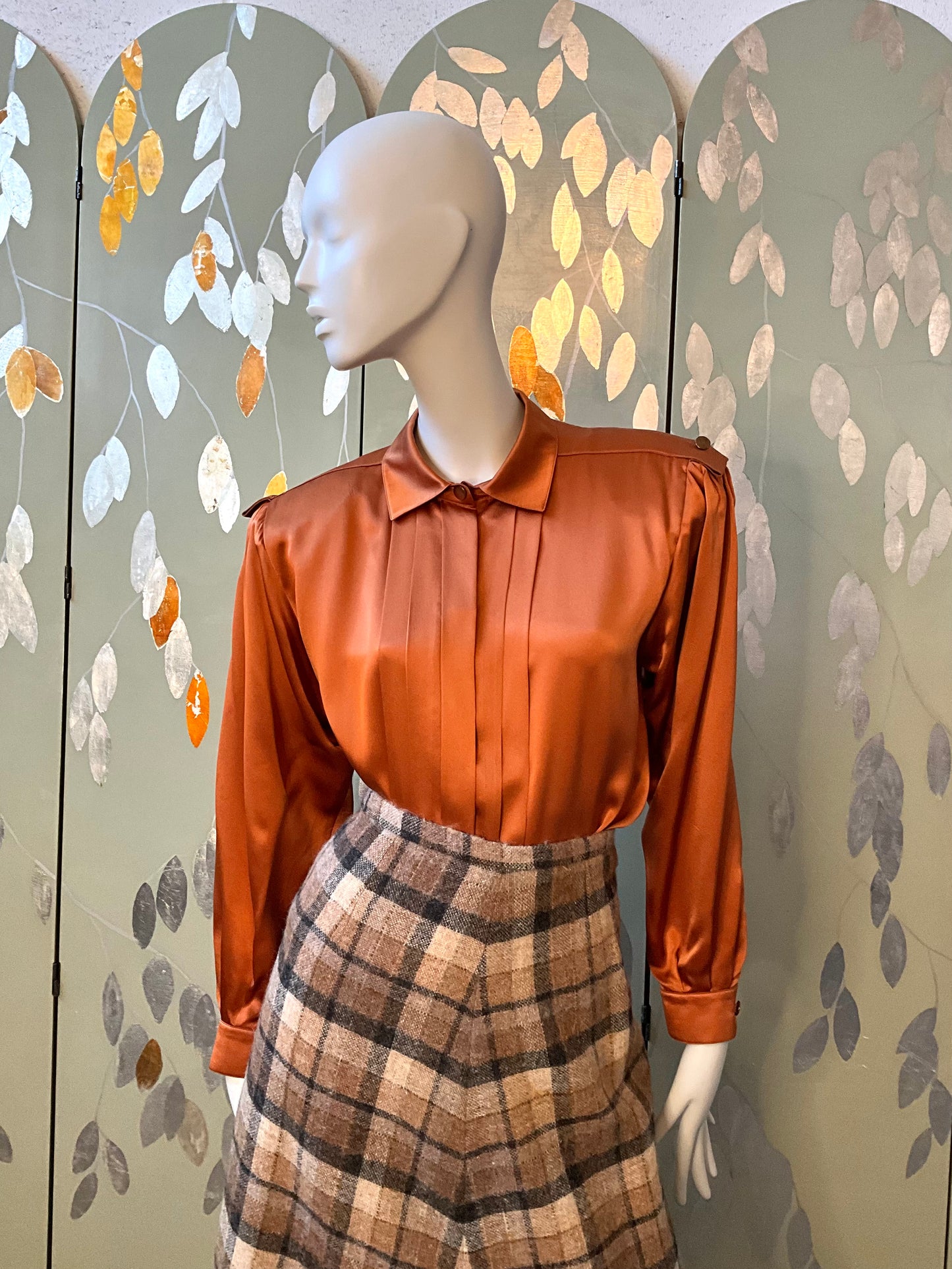 Vintage 1980s Copper Silk Satin Pleated Blouse, Large 