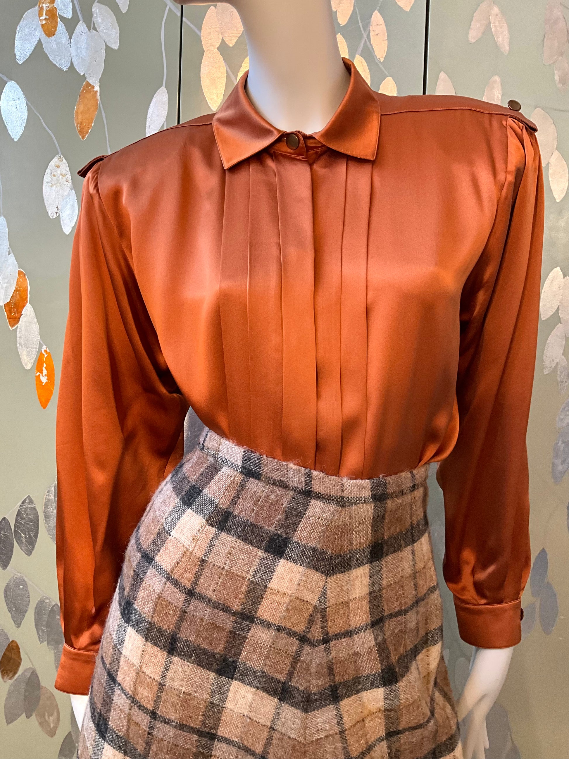 Vintage 1980s Copper Silk Satin Pleated Blouse, Large 
