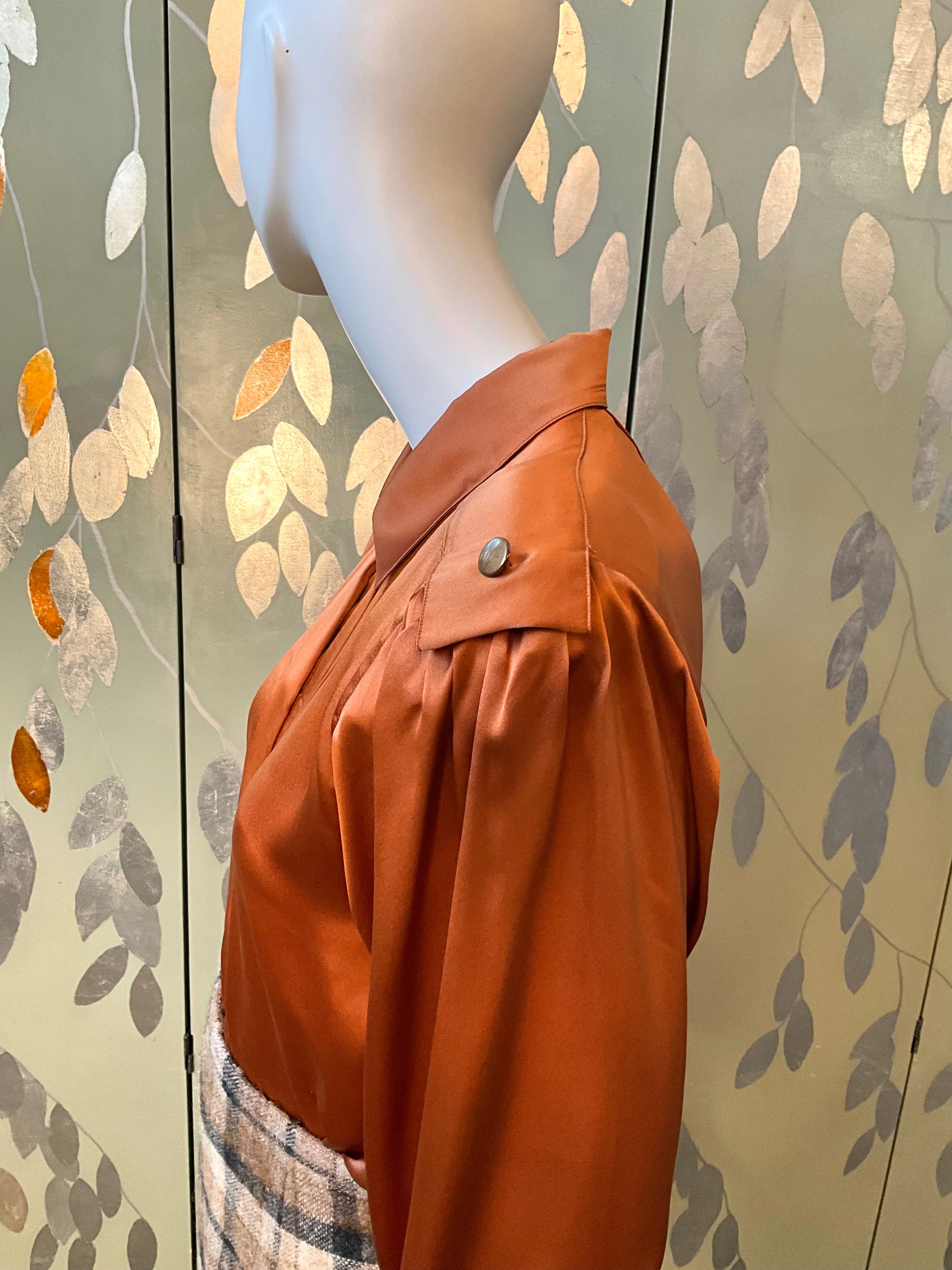 Vintage 1980s Copper Silk Satin Pleated Blouse, Large 
