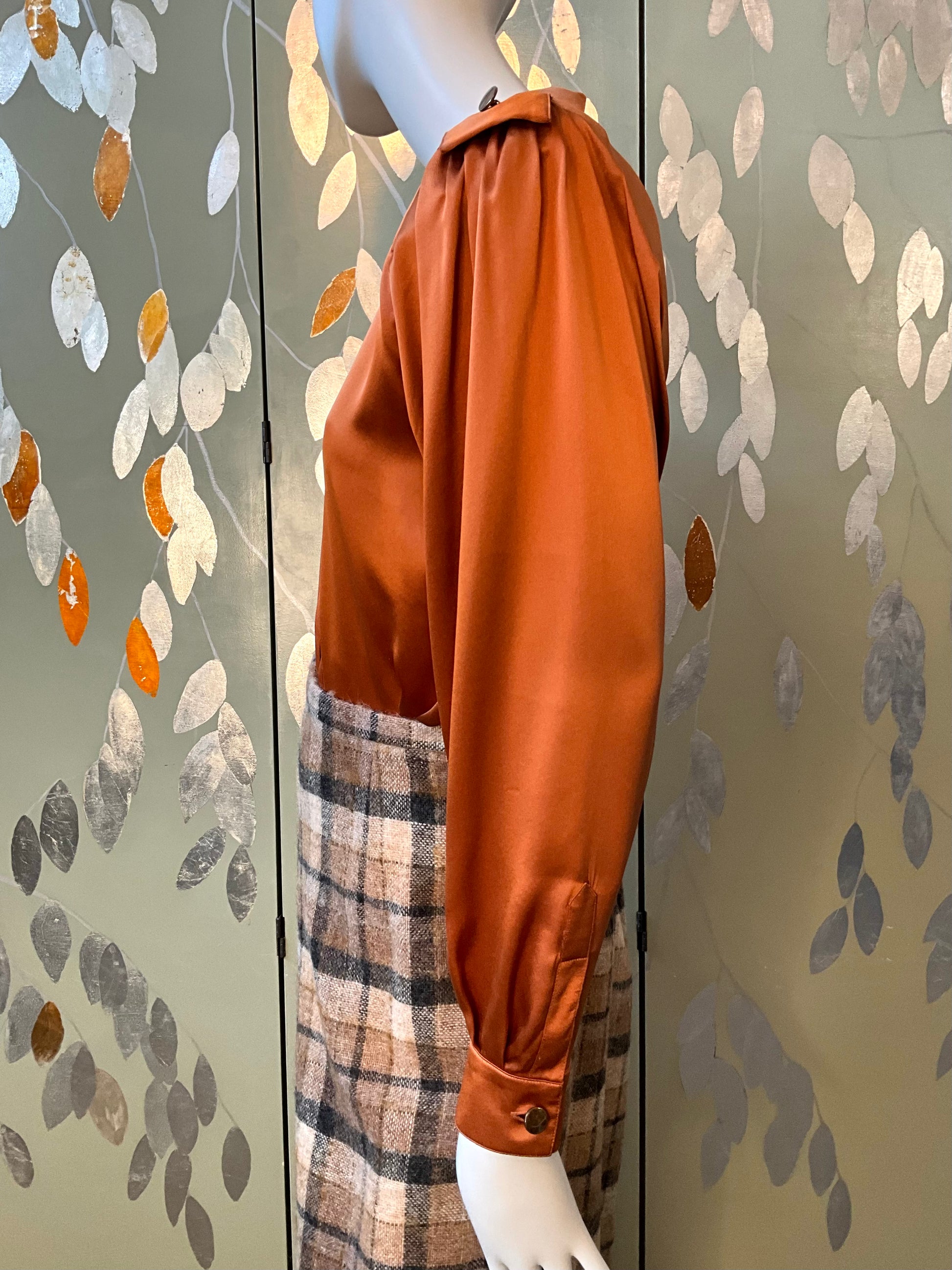 Vintage 1980s Copper Silk Satin Pleated Blouse, Large 