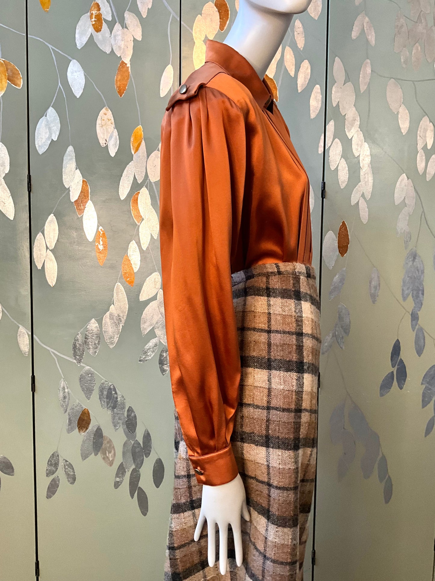 Vintage 1980s Copper Silk Satin Pleated Blouse, Large 