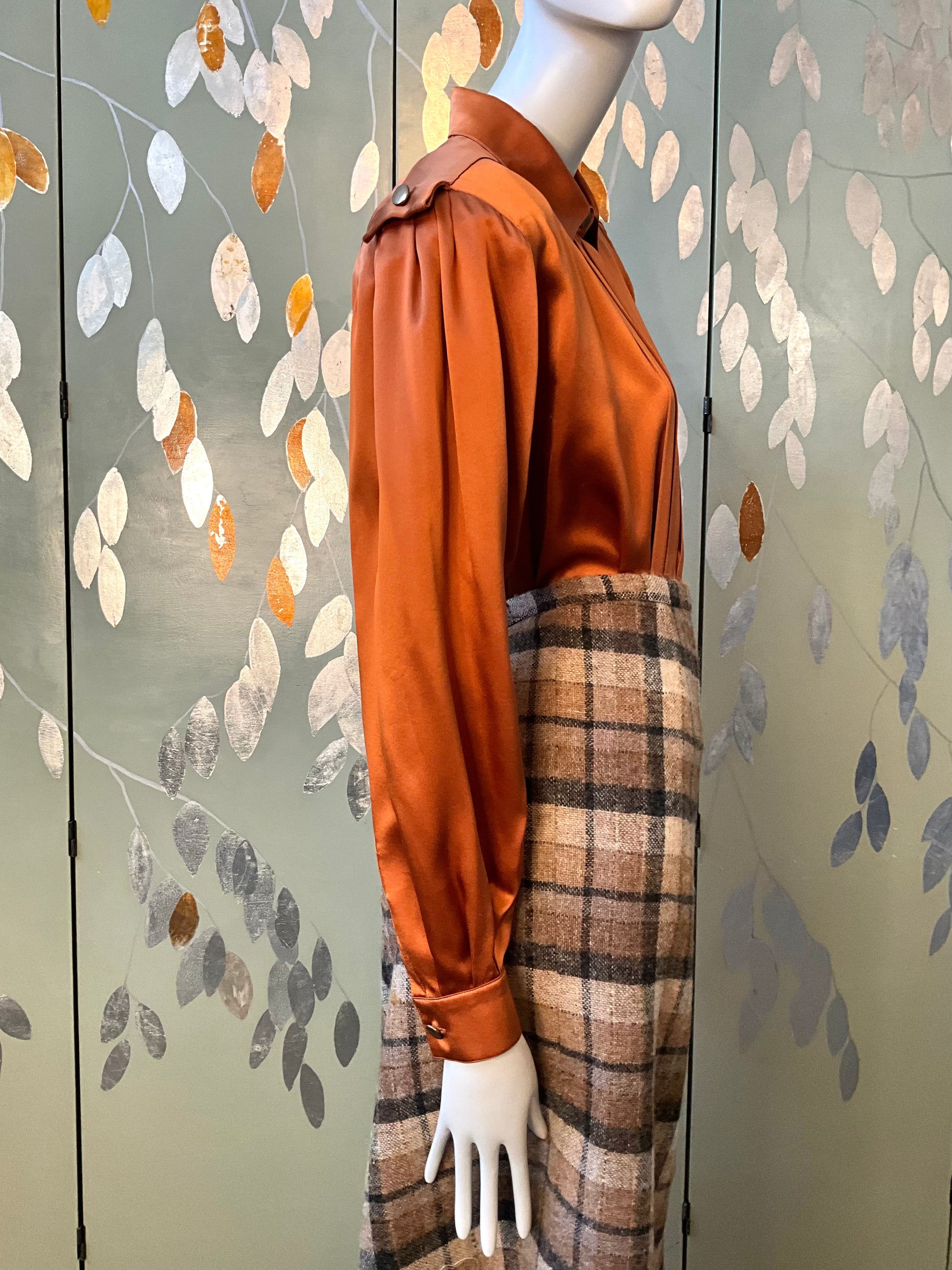 Vintage 1980s Copper Silk Satin Pleated Blouse, Large 