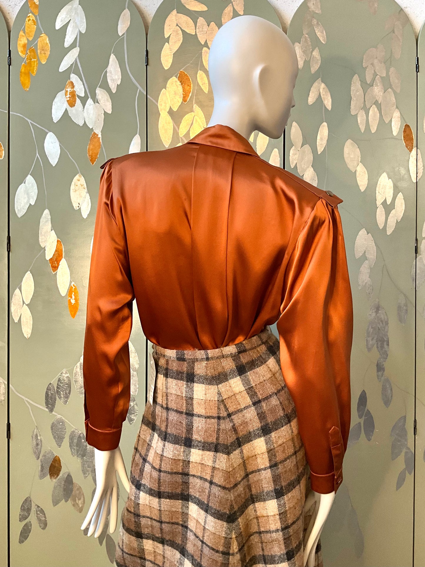 Vintage 1980s Copper Silk Satin Pleated Blouse, Large 