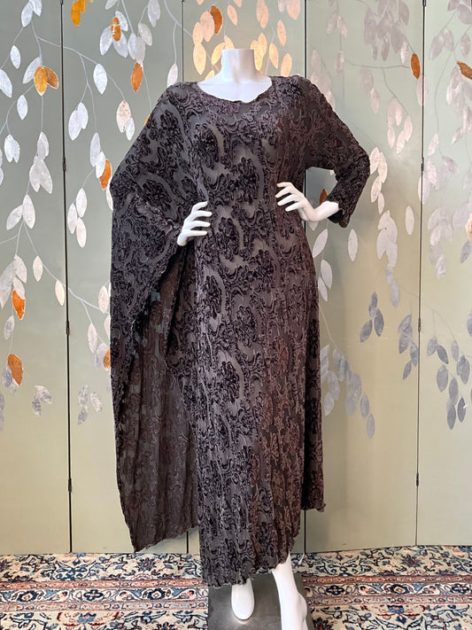 Vintage 1990s Linda Lundström Grey Brown Burnout Velvet One Sleeve Maxi Dress, O/S 