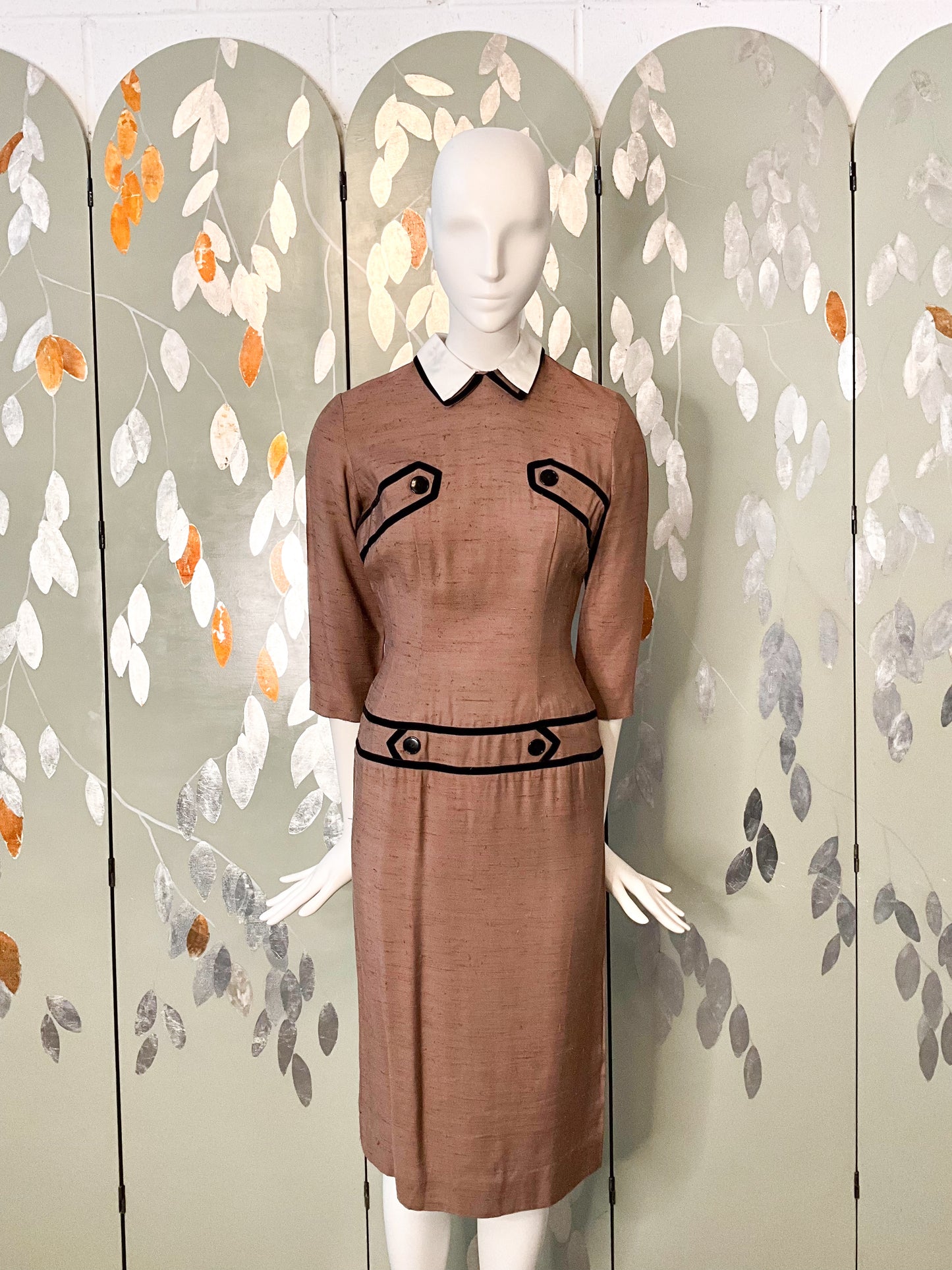 Vintage 1960s Brown Silk Day Dress with White Collar, XS