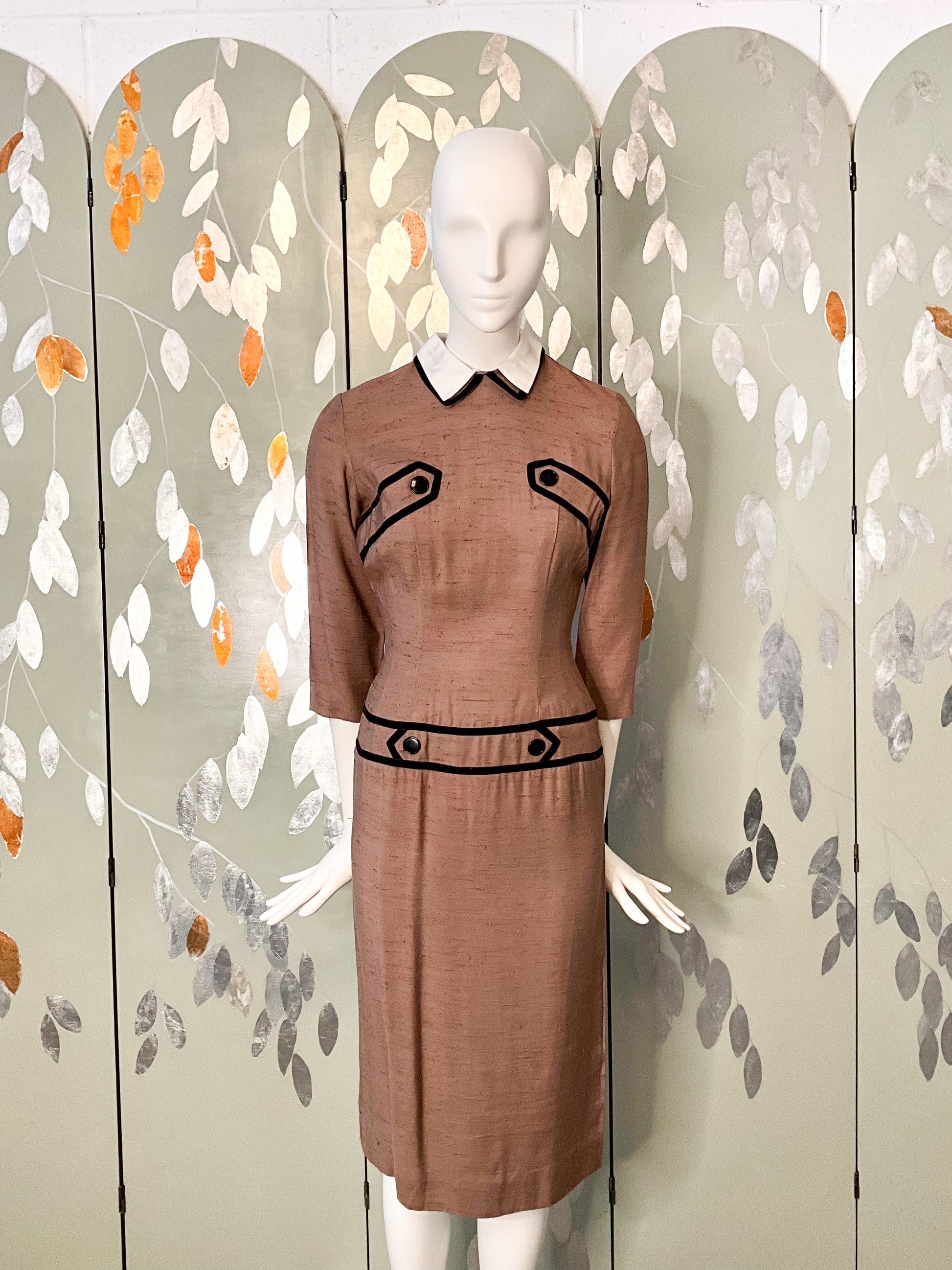 Vintage 1960s Brown Silk Day Dress with White Collar, XS