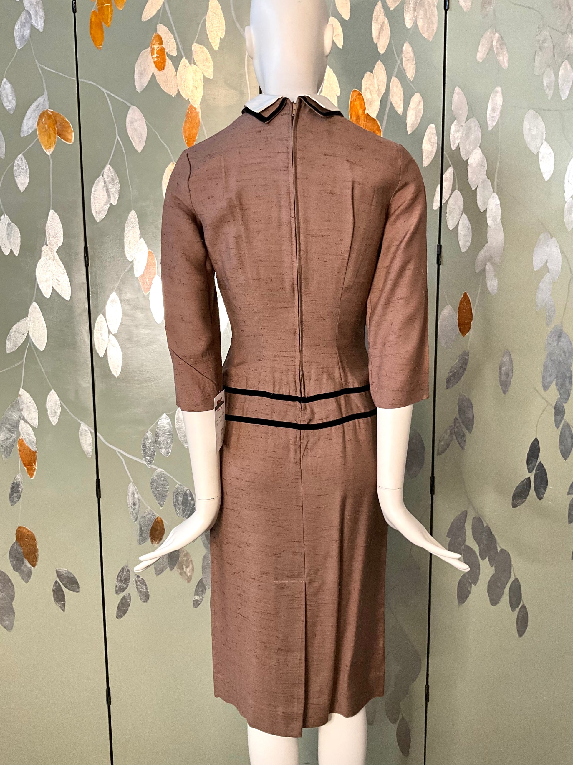 Vintage 1960s Brown Silk Day Dress with White Collar, XS
