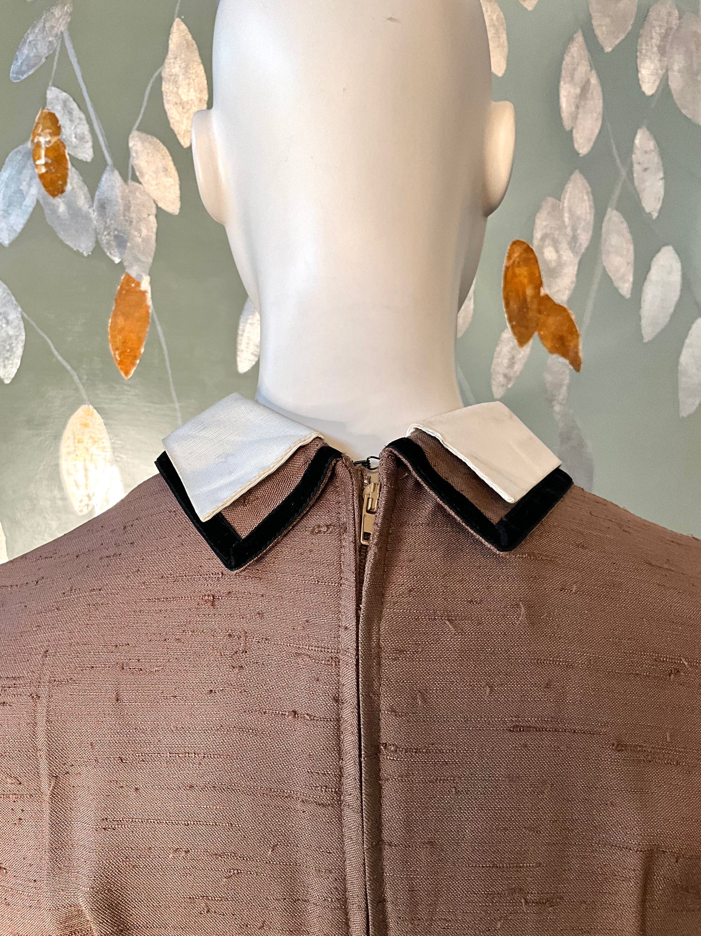 Vintage 1960s Brown Silk Day Dress with White Collar, XS