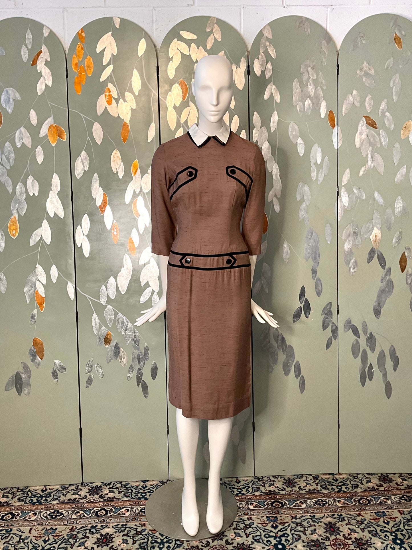 Vintage 1960s Brown Silk Day Dress with White Collar, XS