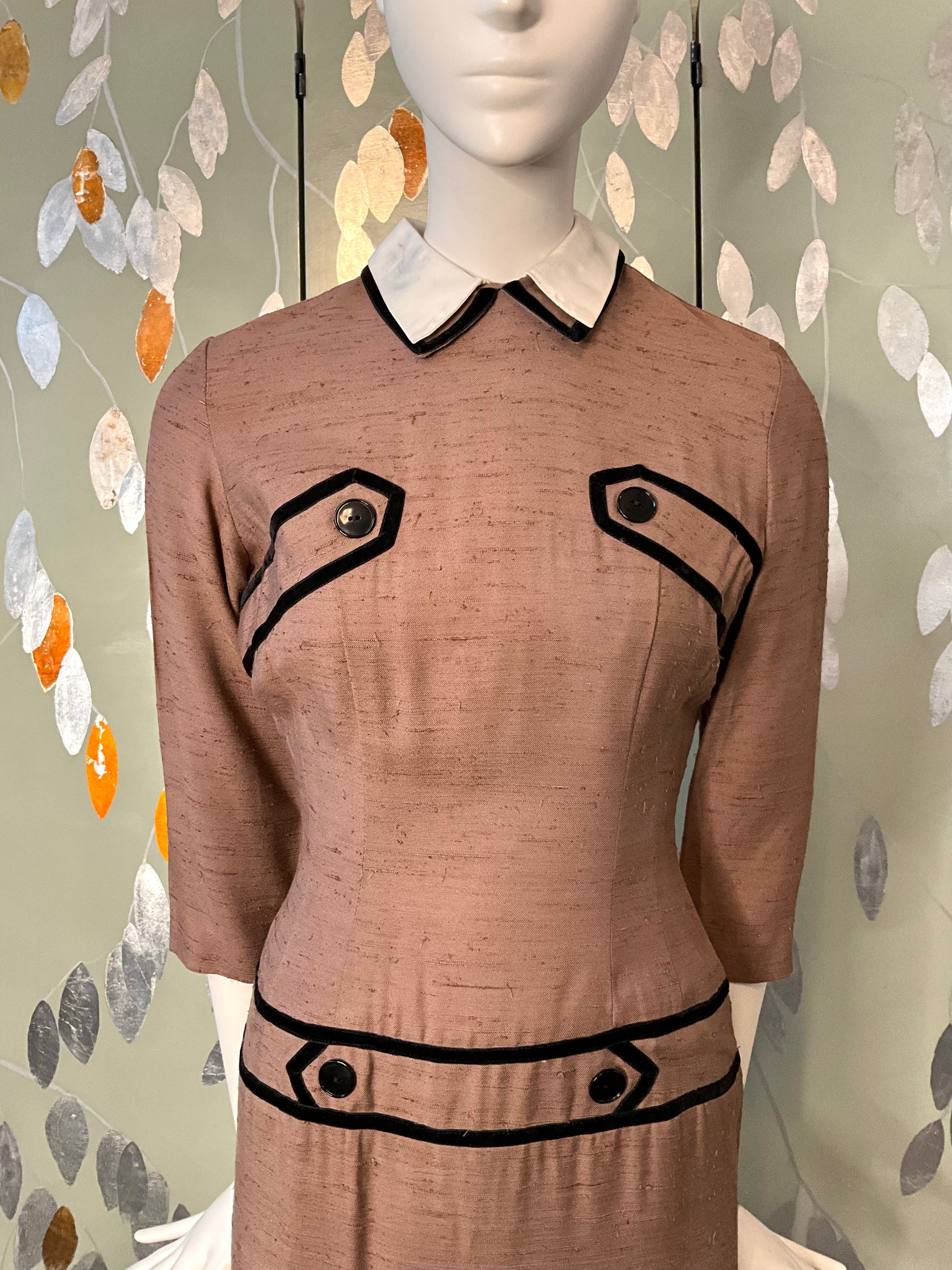 Vintage 1960s Brown Silk Day Dress with White Collar, XS