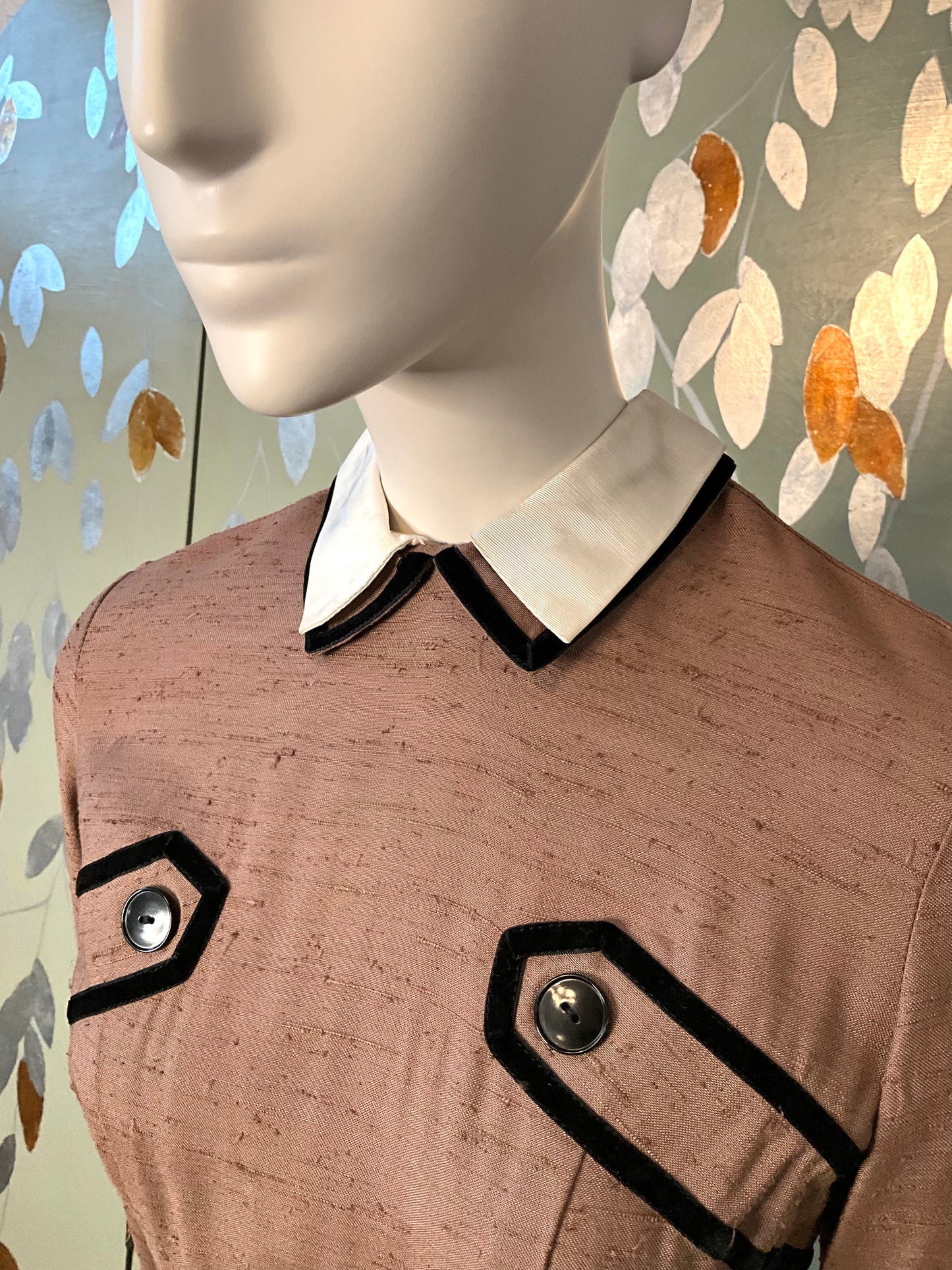 Vintage 1960s Brown Silk Day Dress with White Collar, XS
