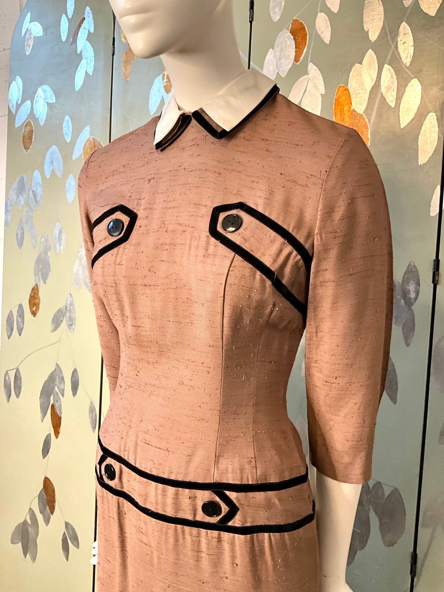 Vintage 1960s Brown Silk Day Dress with White Collar, XS