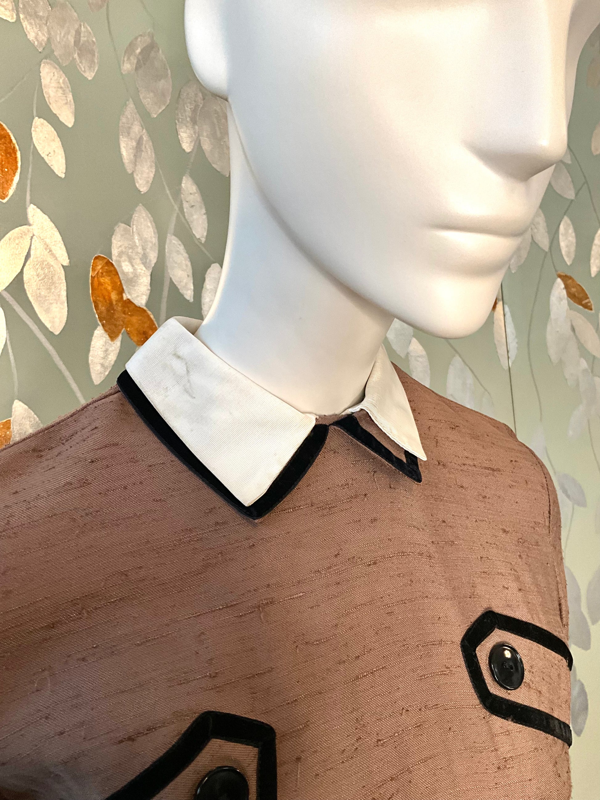 Vintage 1960s Brown Silk Day Dress with White Collar, XS