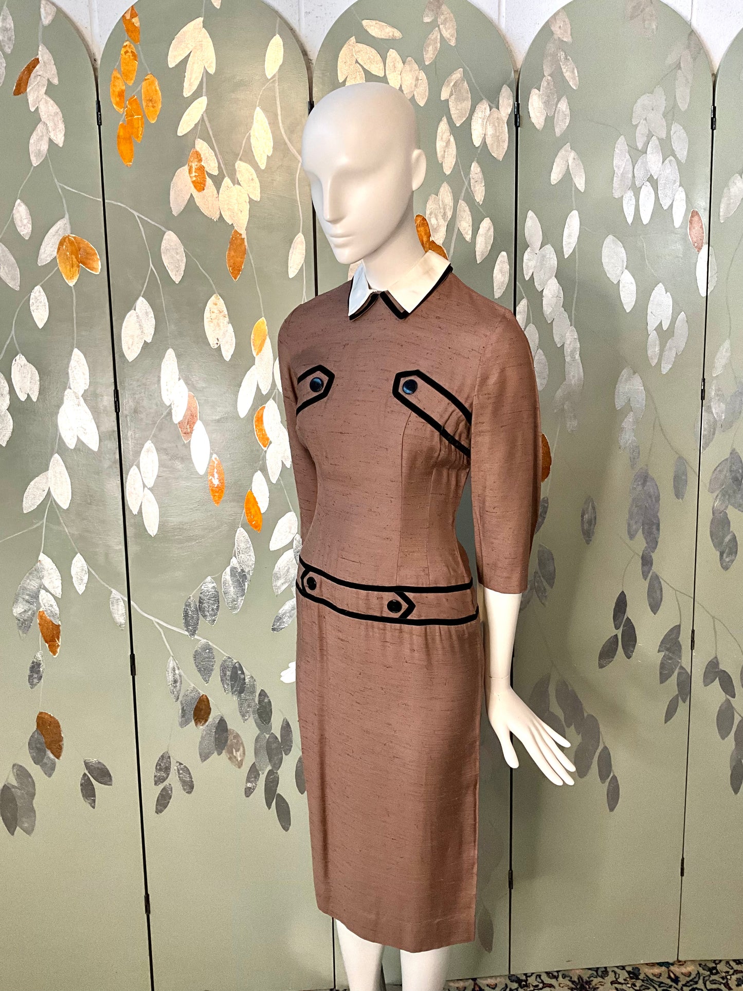 Vintage 1960s Brown Silk Day Dress with White Collar, XS