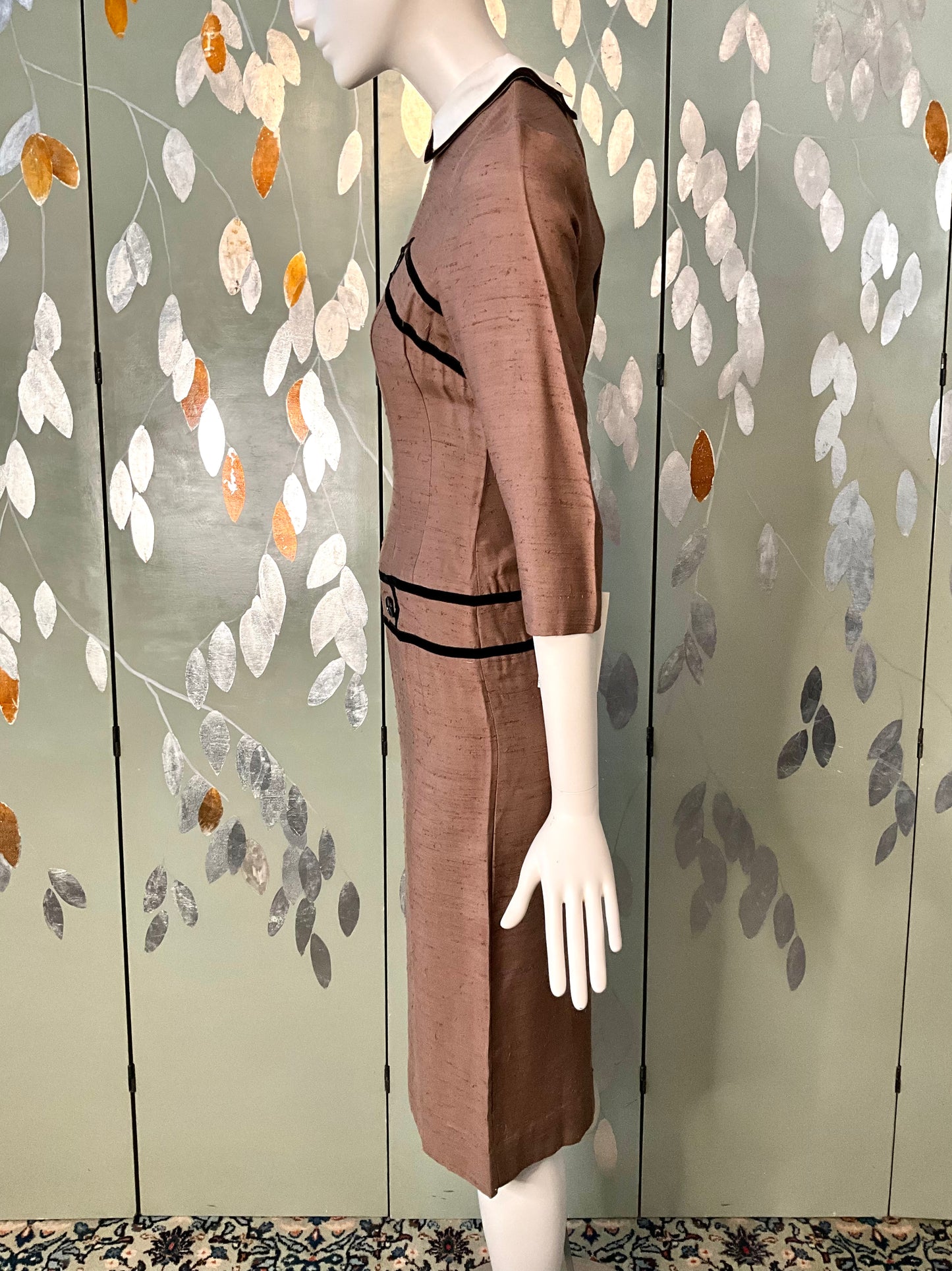 Vintage 1960s Brown Silk Day Dress with White Collar, XS