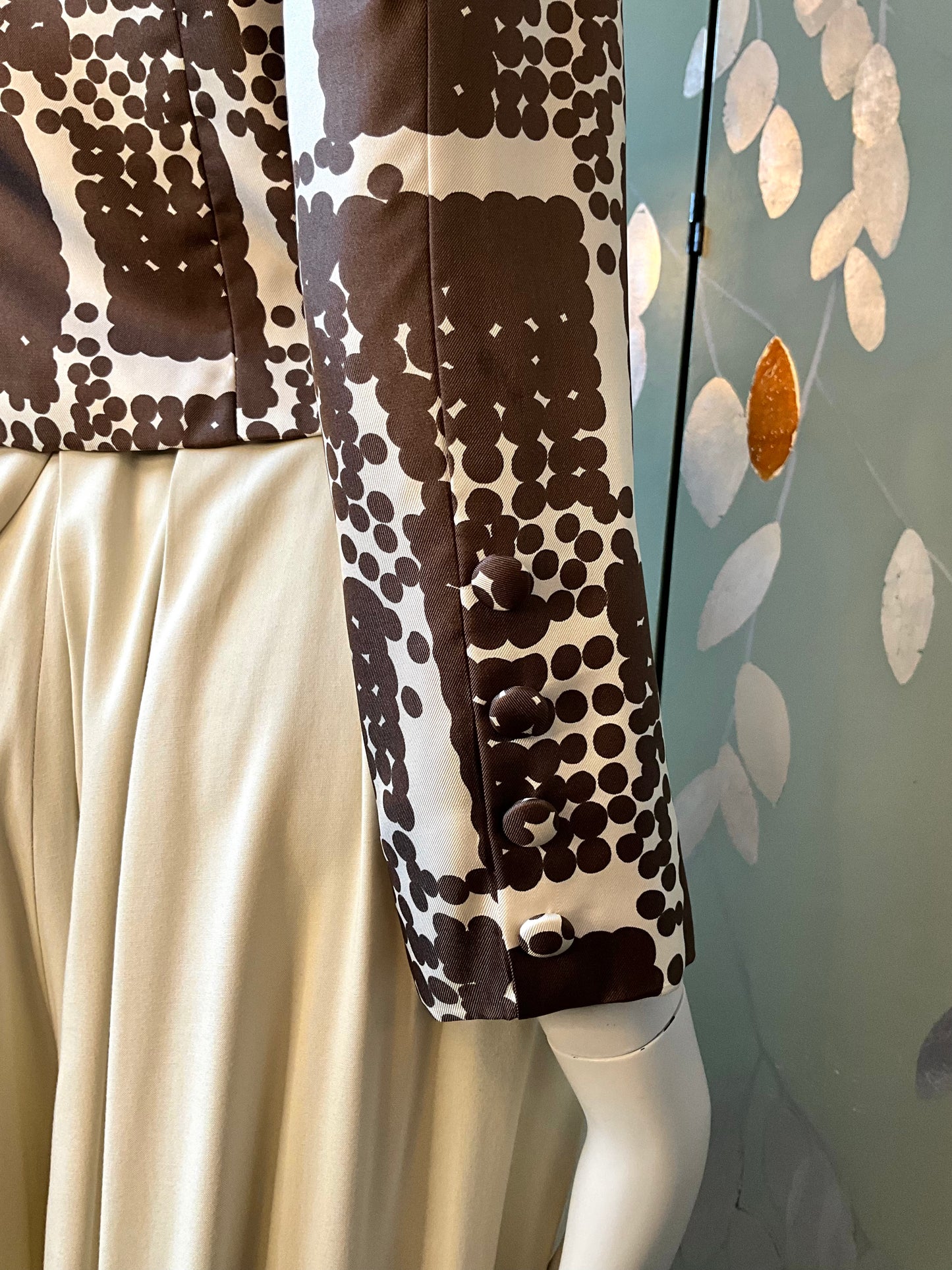 Vintage 1960s Brown Cream Silk Polka Dot Cropped Jacket, Small