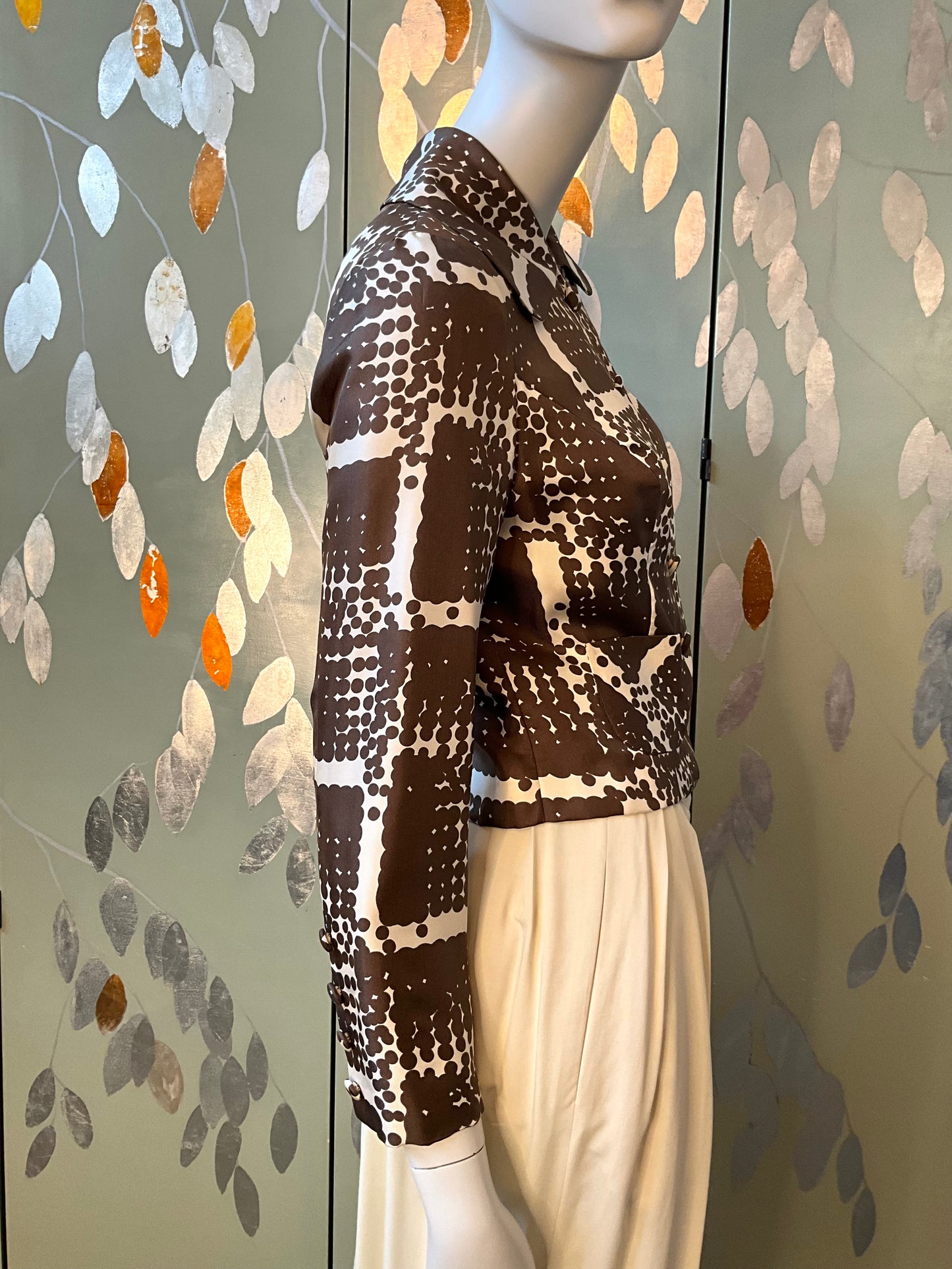 Vintage 1960s Brown Cream Silk Polka Dot Cropped Jacket, Small