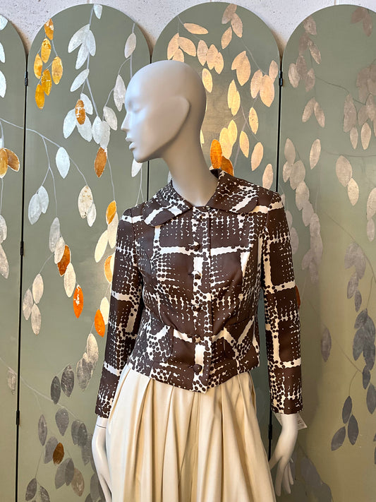 Vintage 1960s Brown Cream Silk Polka Dot Cropped Jacket, Small